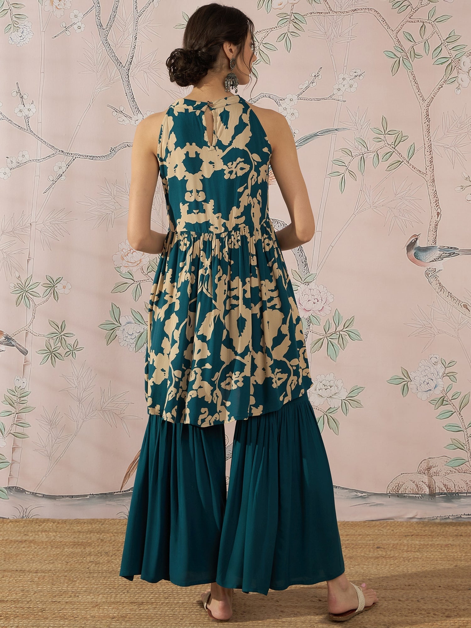 InWeave Teal Beige Halter Kurta Sharara Set - Swadesiicart