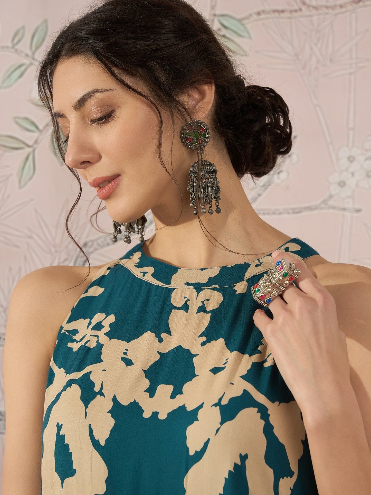 InWeave Teal Beige Halter Kurta Sharara Set - Swadesiicart