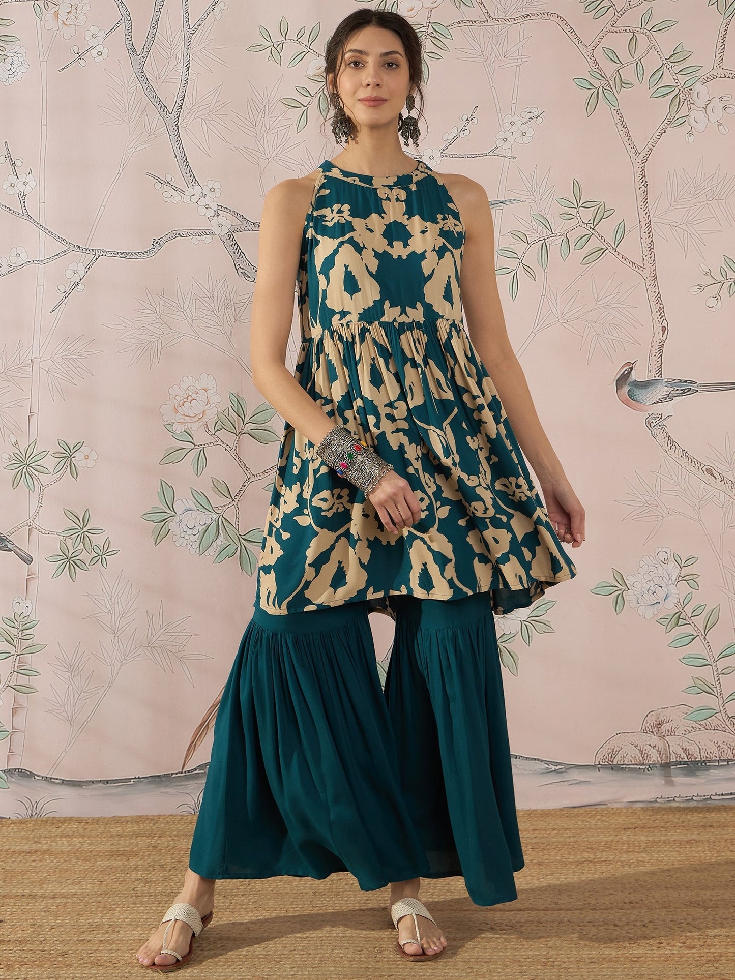 InWeave Teal Beige Halter Kurta Sharara Set - Swadesiicart