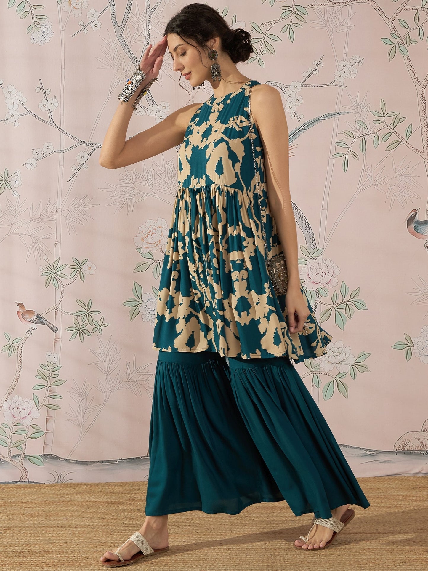 InWeave Teal Beige Halter Kurta Sharara Set - Swadesiicart
