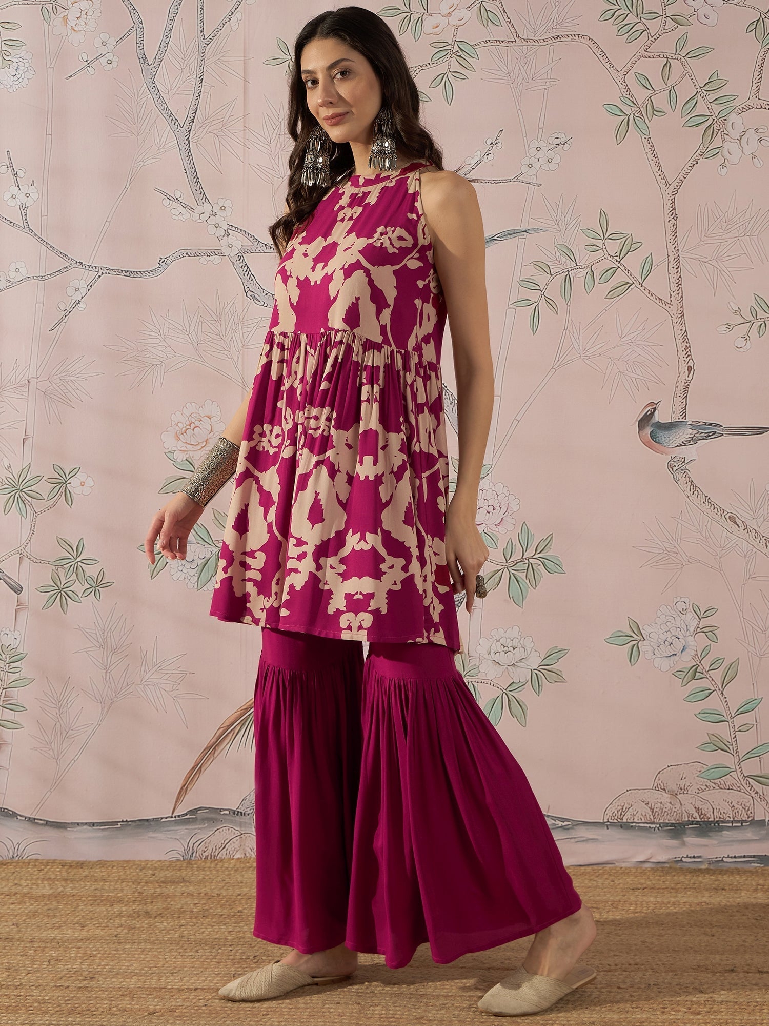 InWeave Jam Pink Beige Halter Kurta Sharara Set - Swadesiicart