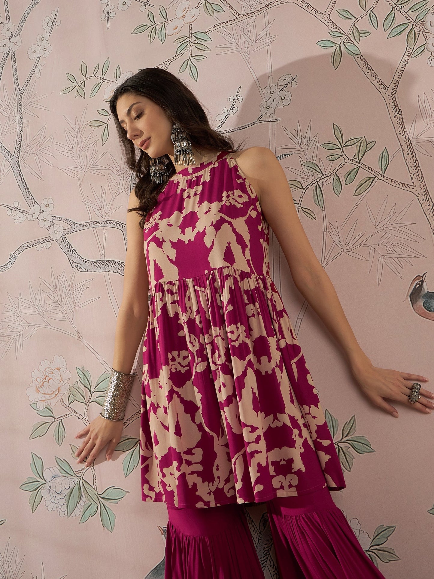 InWeave Jam Pink Beige Halter Kurta Sharara Set - Swadesiicart