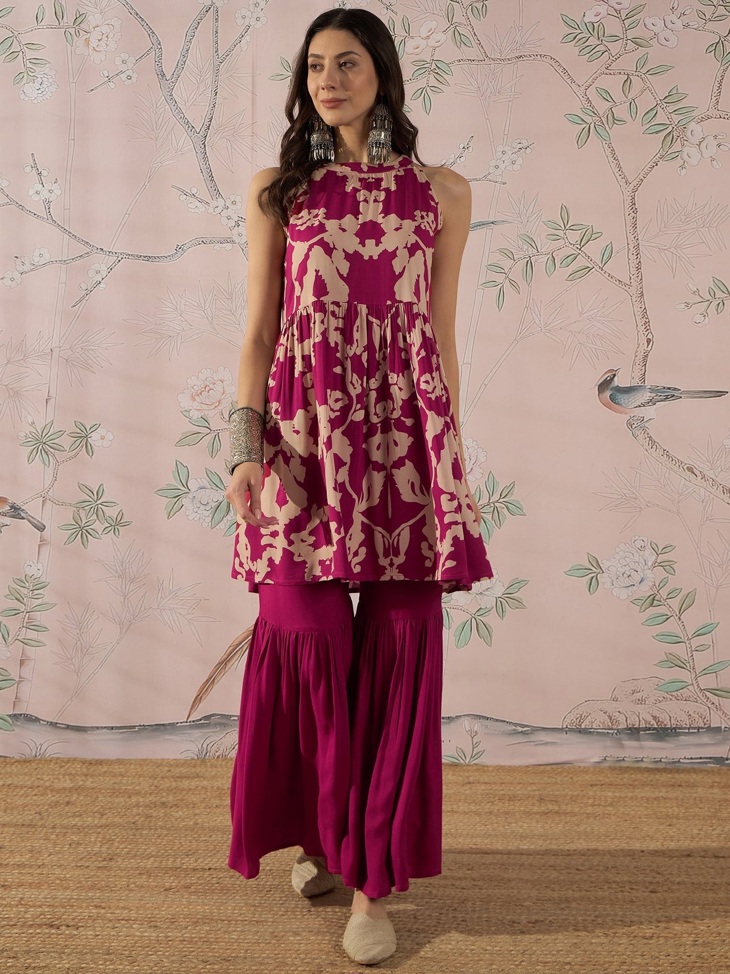 InWeave Jam Pink Beige Halter Kurta Sharara Set - Swadesiicart