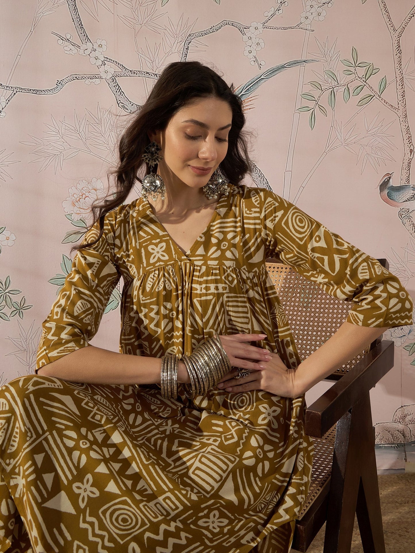 InWeave Dark Yellow Ethnic Flared Kurta Set - Swadesiicart