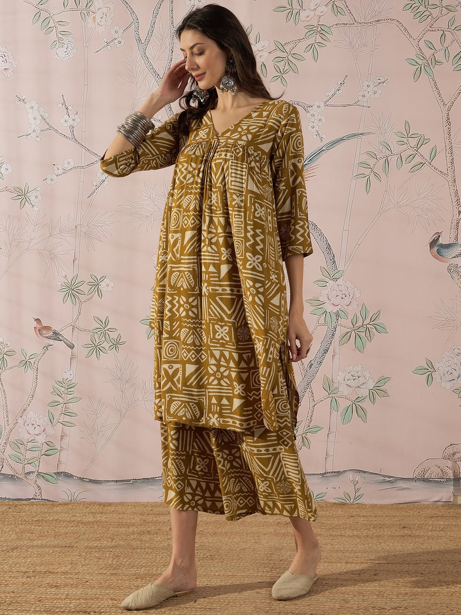 InWeave Dark Yellow Ethnic Flared Kurta Set - Swadesiicart