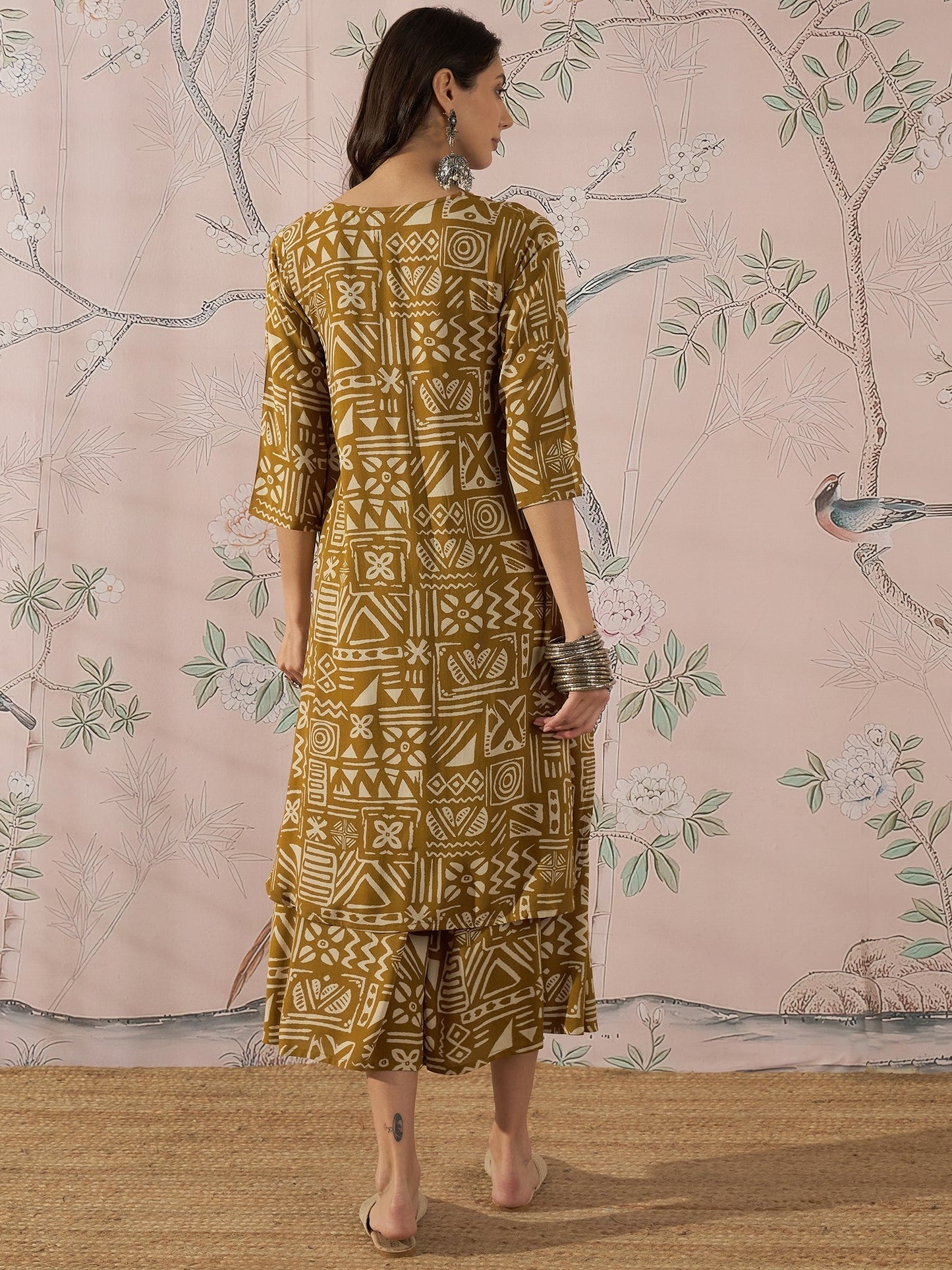 InWeave Dark Yellow Ethnic Flared Kurta Set - Swadesiicart