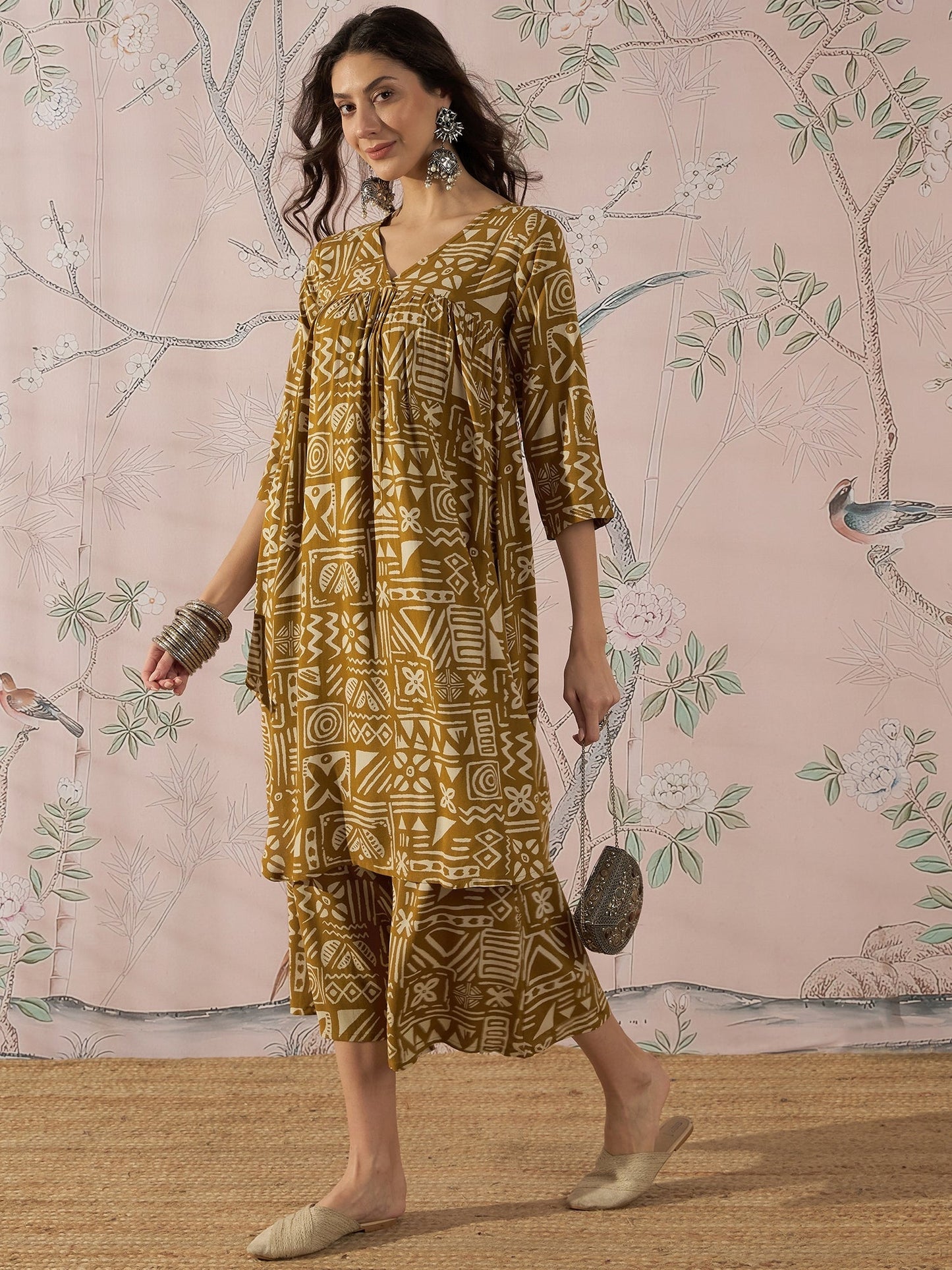 InWeave Dark Yellow Ethnic Flared Kurta Set - Swadesiicart