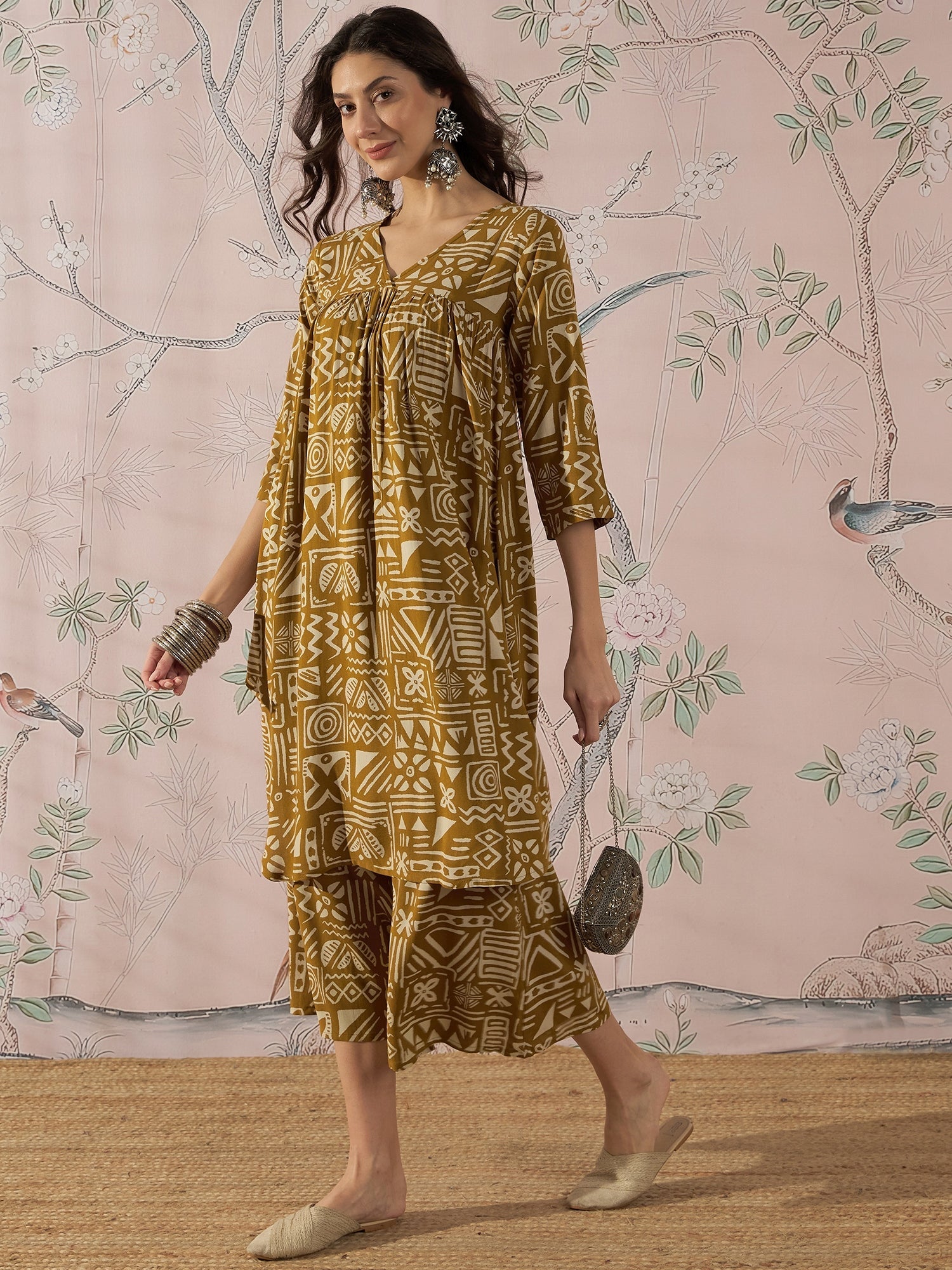 InWeave Dark Yellow Ethnic Flared Kurta Set - Swadesiicart