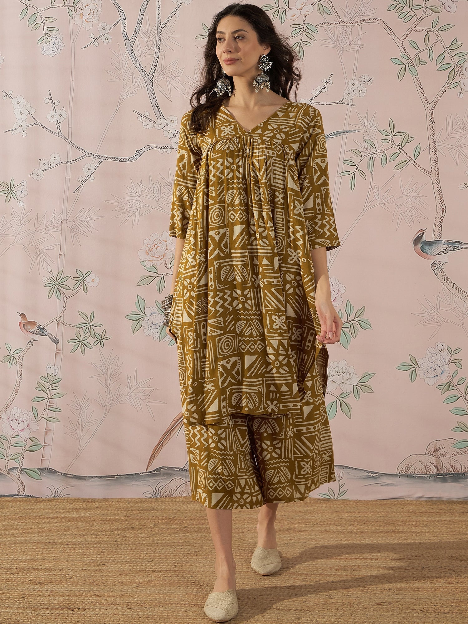 InWeave Dark Yellow Ethnic Flared Kurta Set - Swadesiicart