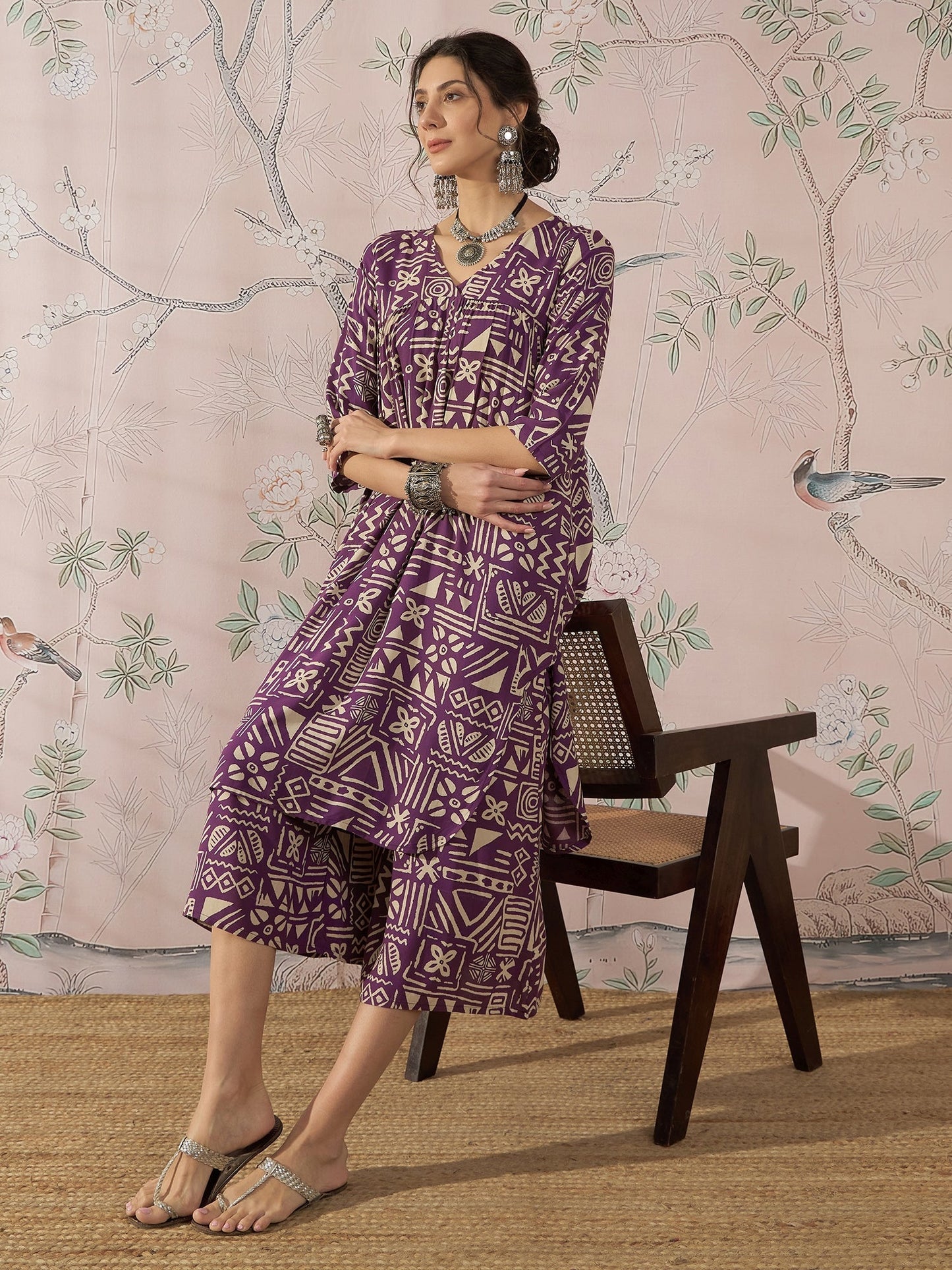 InWeave Dusty Mauve Ethnic Flared Kurta Set - Swadesiicart
