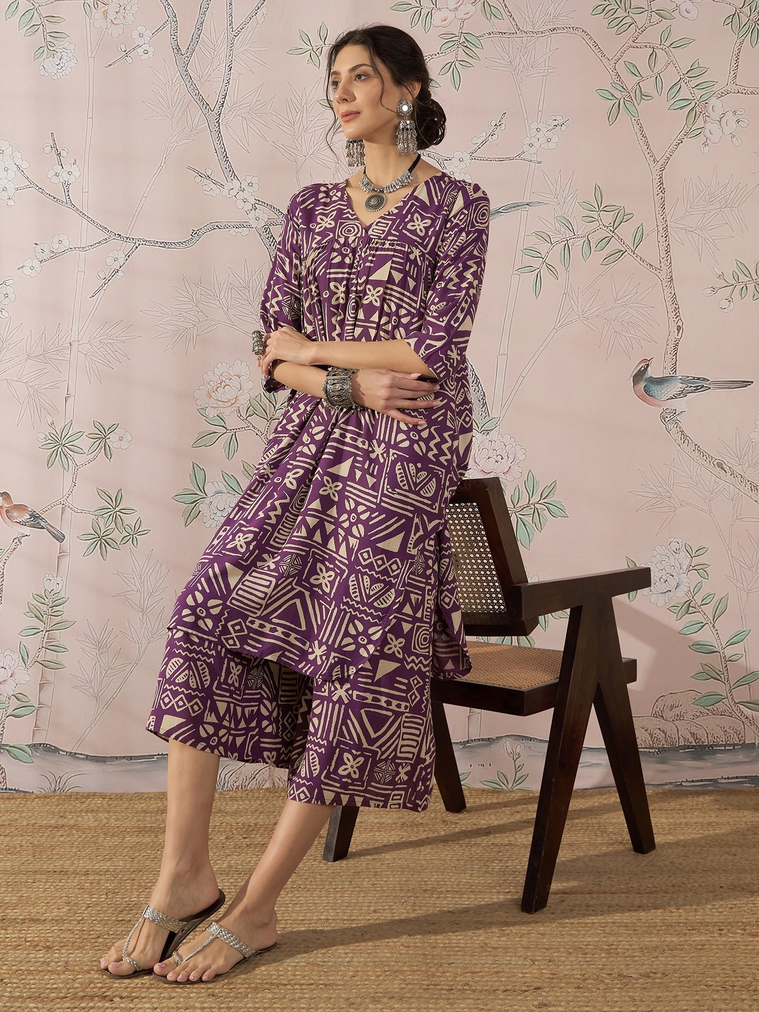 InWeave Dusty Mauve Ethnic Flared Kurta Set - Swadesiicart