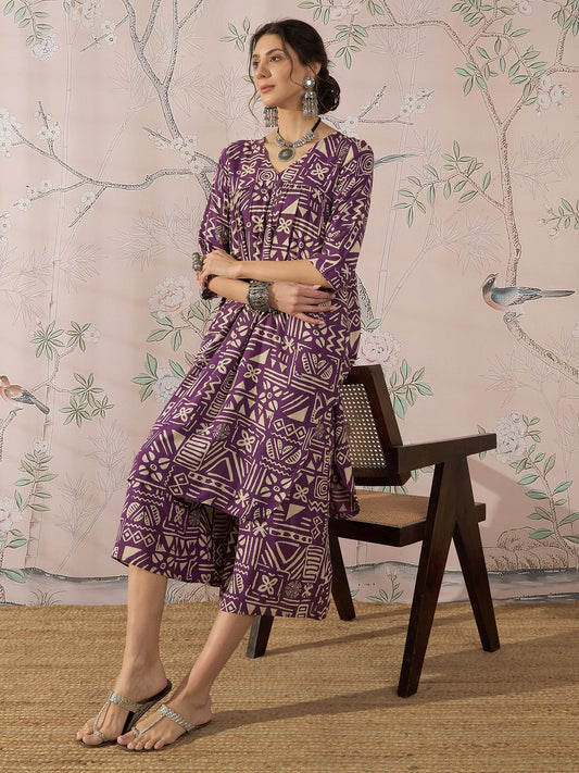 InWeave Dusty Mauve Ethnic Flared Kurta Set - Swadesiicart