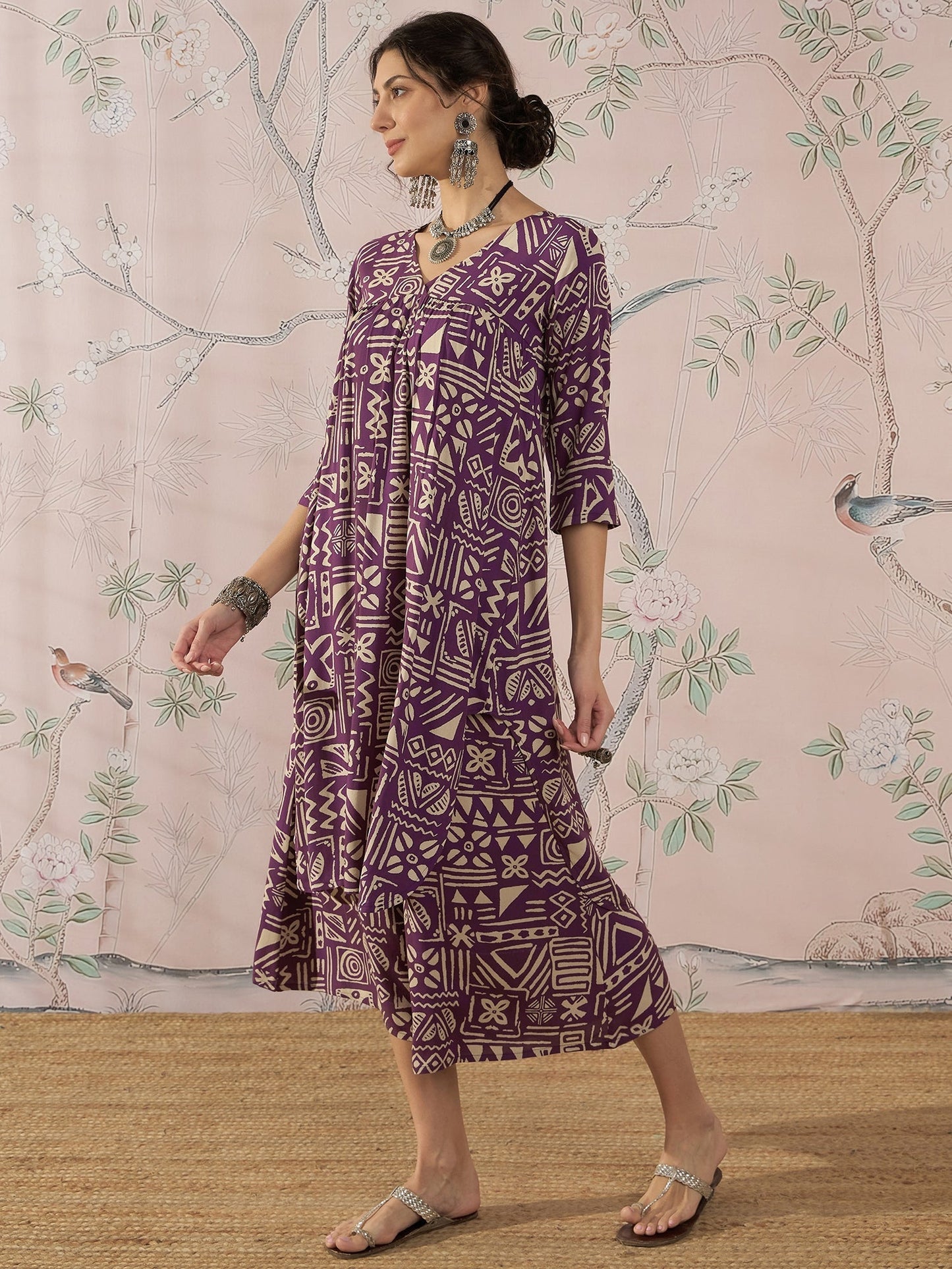 InWeave Dusty Mauve Ethnic Flared Kurta Set - Swadesiicart