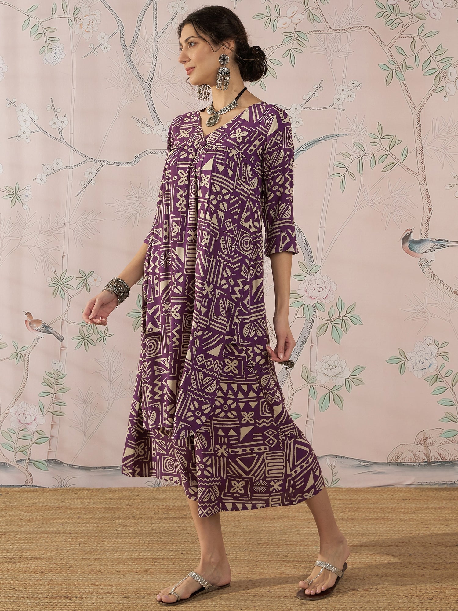 InWeave Dusty Mauve Ethnic Flared Kurta Set - Swadesiicart