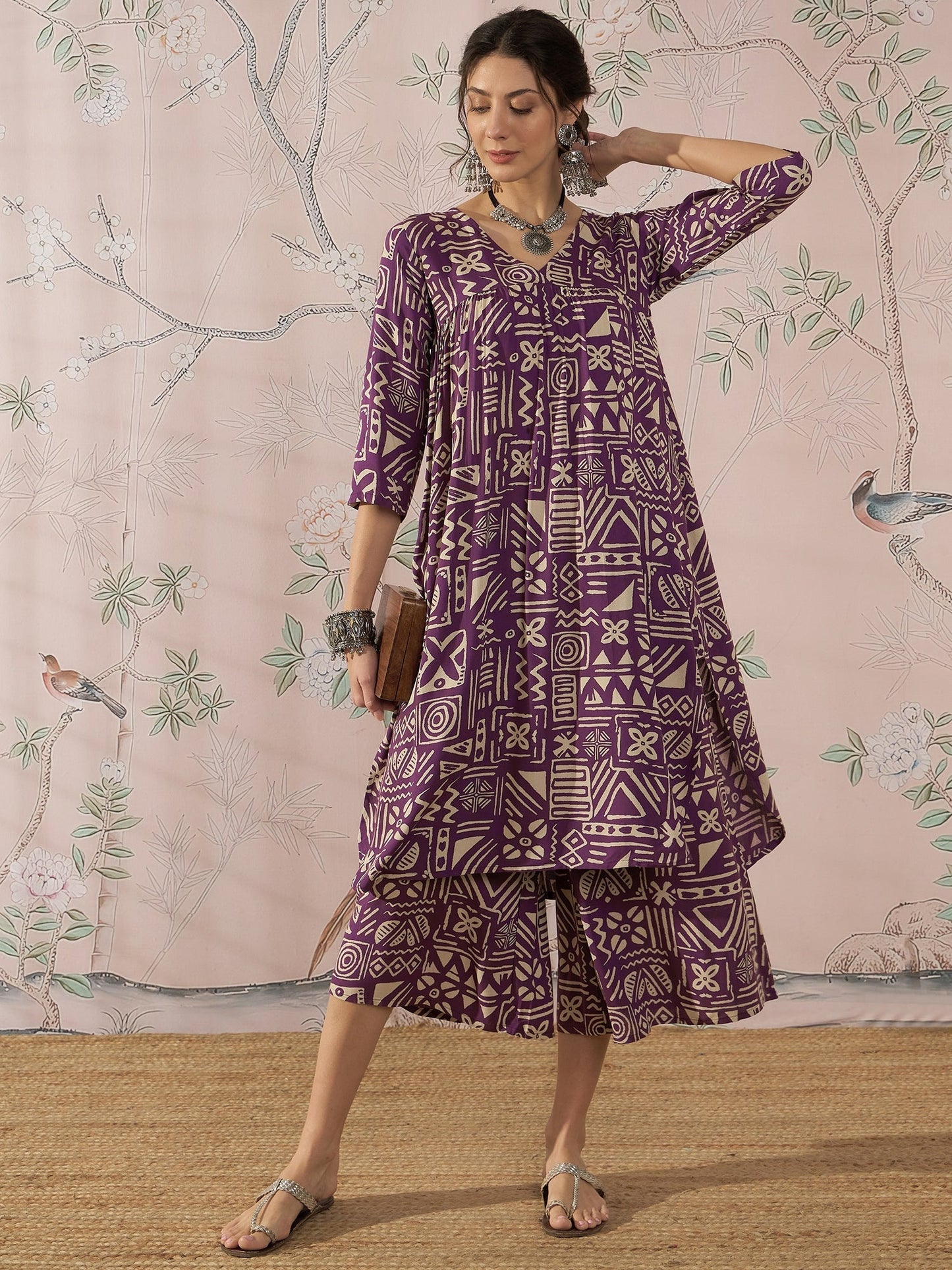 InWeave Dusty Mauve Ethnic Flared Kurta Set - Swadesiicart