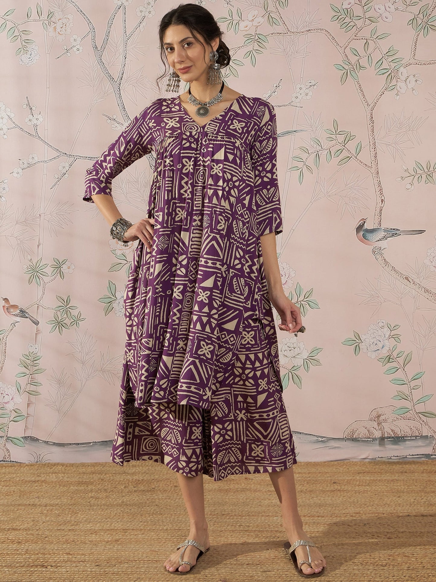 InWeave Dusty Mauve Ethnic Flared Kurta Set - Swadesiicart