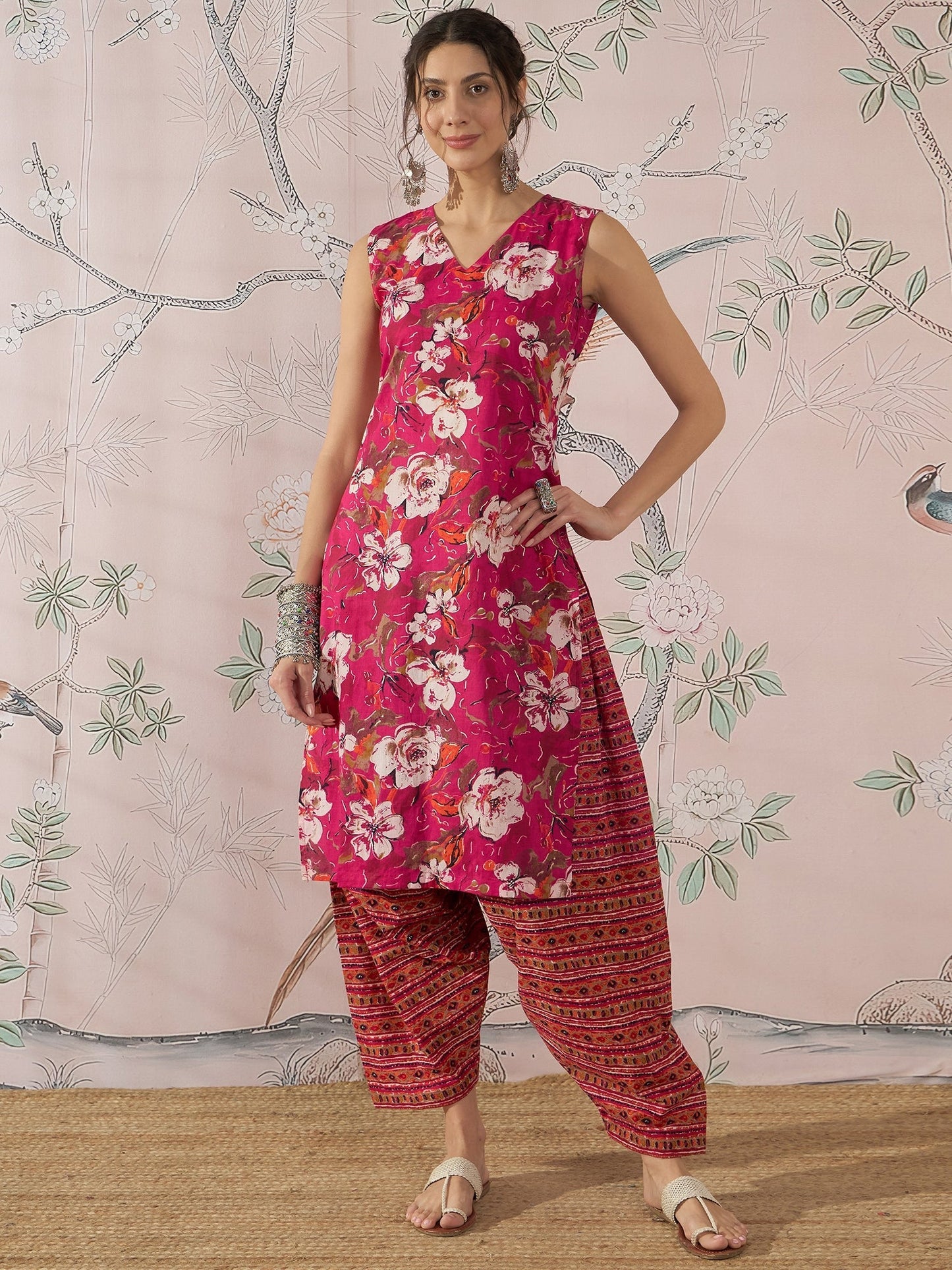 InWeave Dark Pink Cream Kurta Dhoti Set - Swadesiicart
