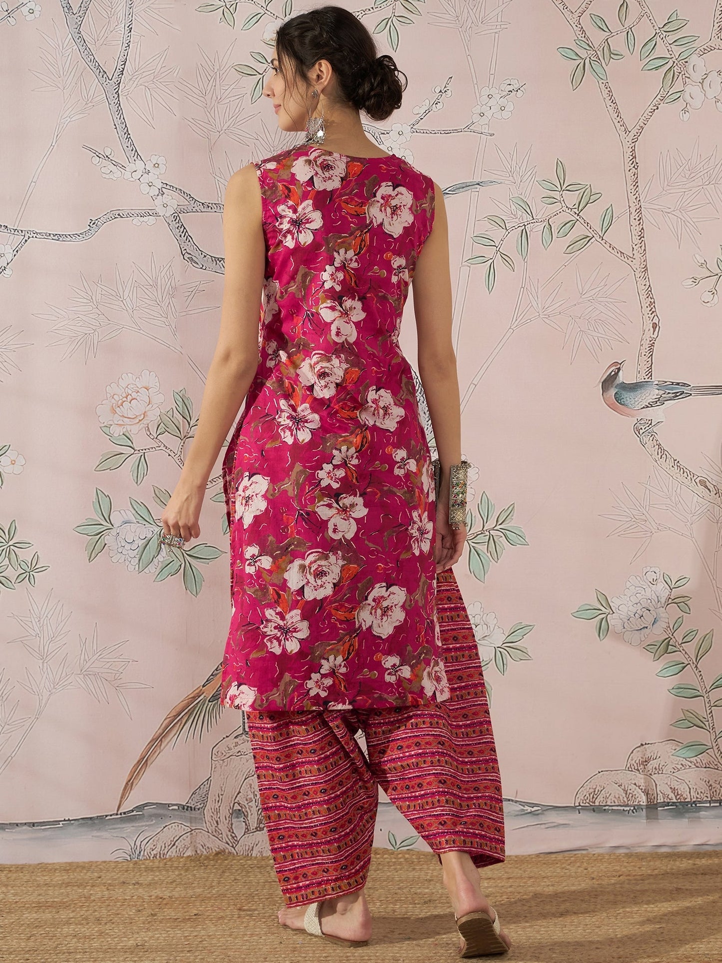 InWeave Dark Pink Cream Kurta Dhoti Set - Swadesiicart