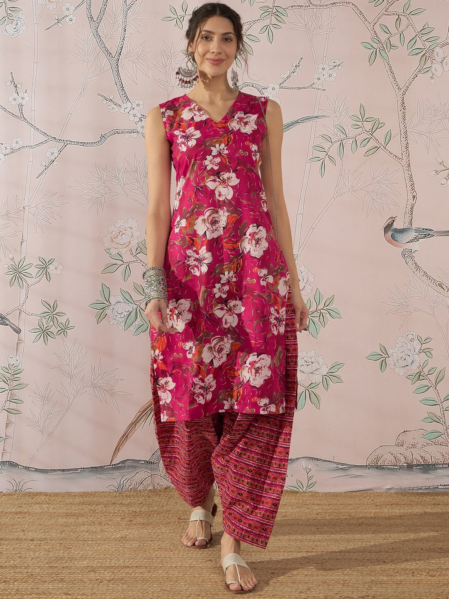InWeave Dark Pink Cream Kurta Dhoti Set - Swadesiicart