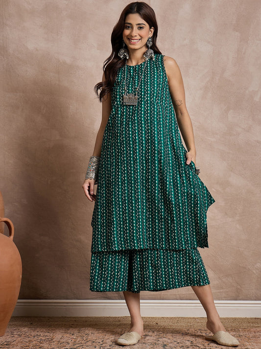 InWeave Teal Zig Zag Round Neck Kurta Set - Swadesiicart