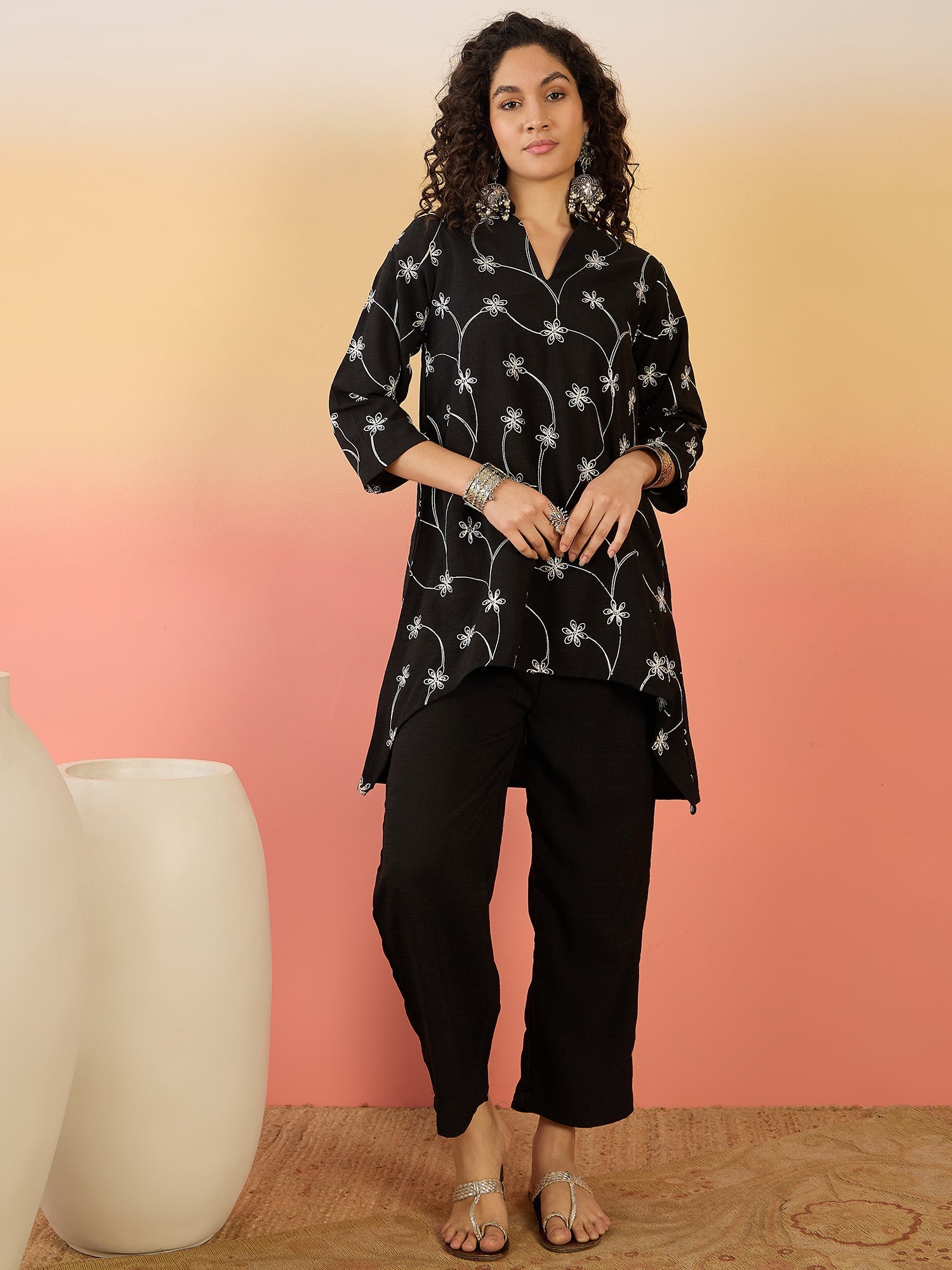 InWeave Black Embroidery Mandarin Black Set - Swadesiicart