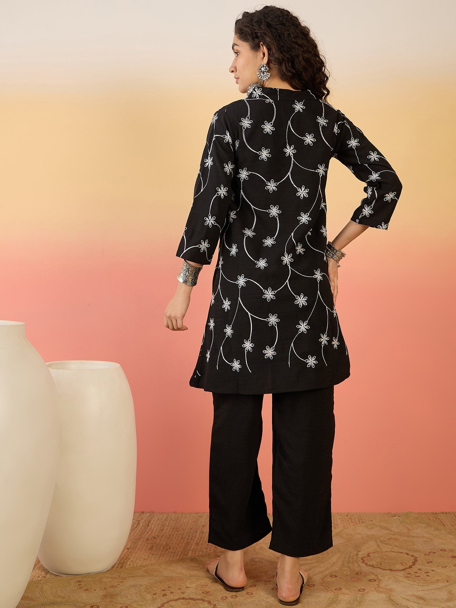 InWeave Black Embroidery Mandarin Black Set - Swadesiicart