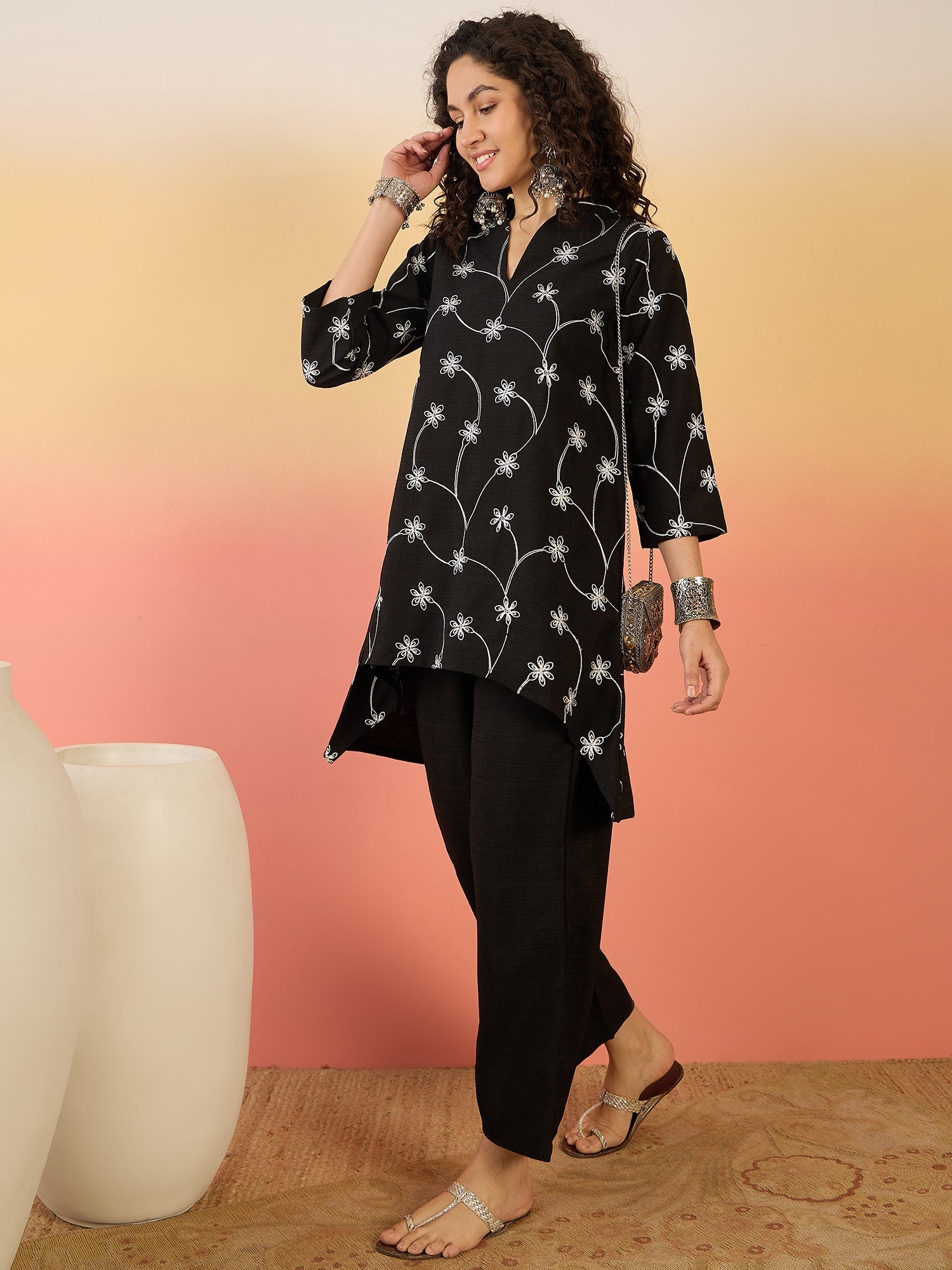InWeave Black Embroidery Mandarin Black Set - Swadesiicart