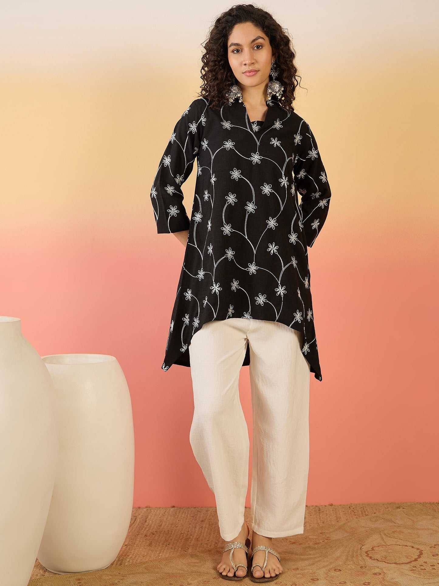 InWeave Black Embroidery Mandarin White Set - Swadesiicart