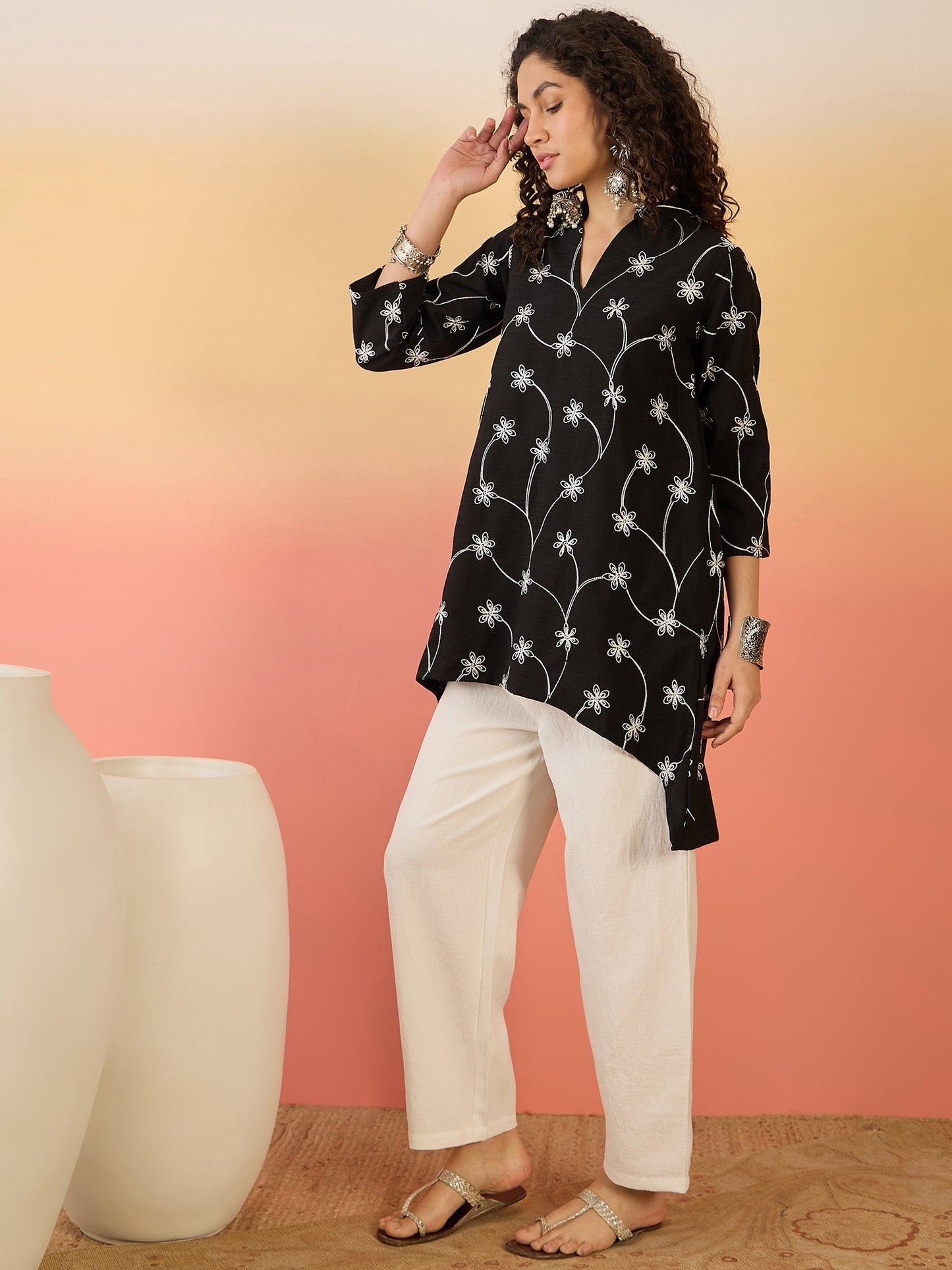 InWeave Black Embroidery Mandarin White Set - Swadesiicart