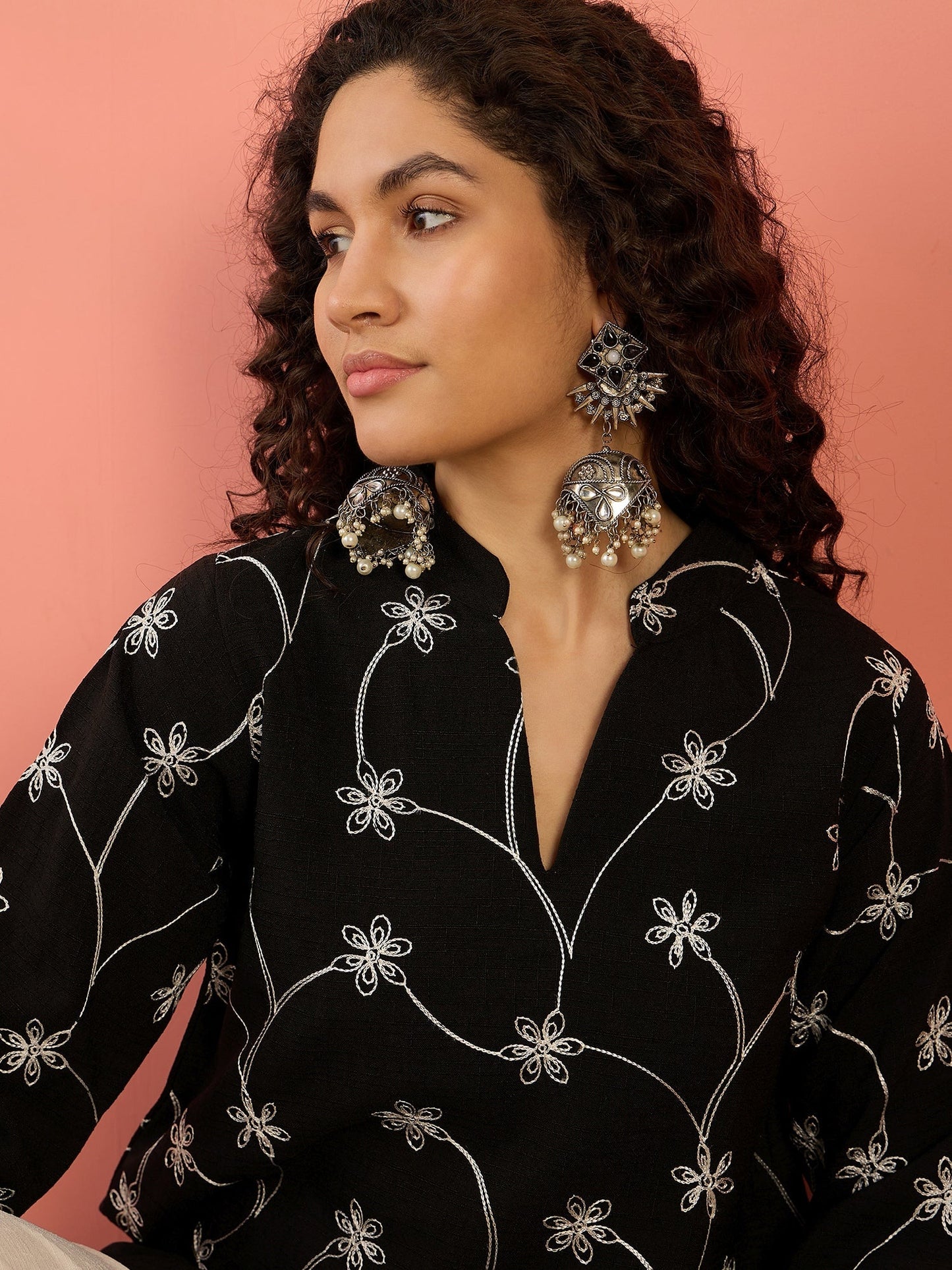 InWeave Black Embroidery Mandarin White Set - Swadesiicart