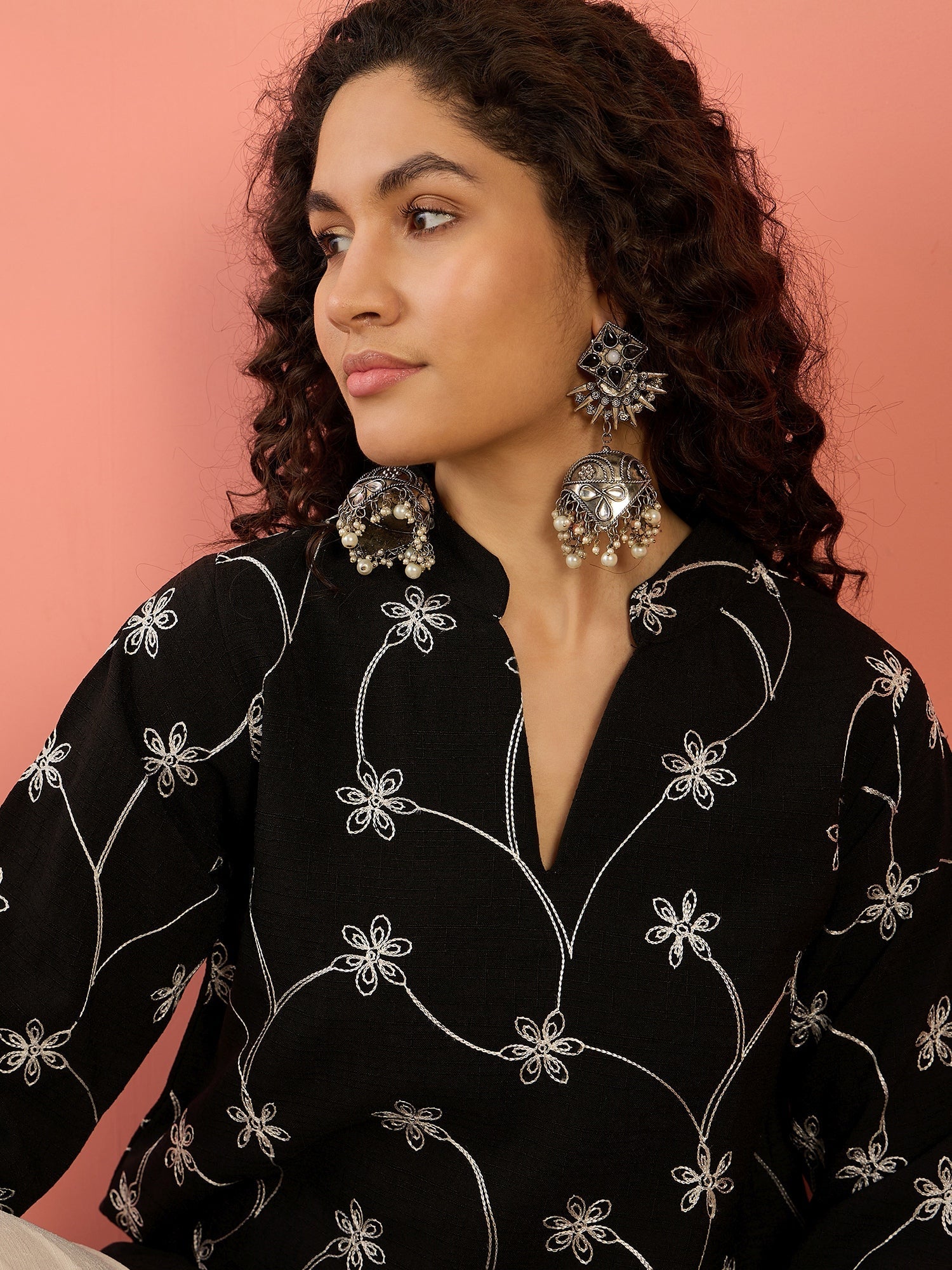InWeave Black Embroidery Mandarin White Set - Swadesiicart