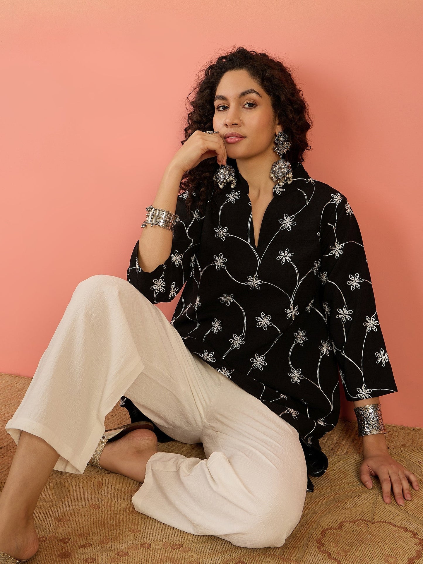 InWeave Black Embroidery Mandarin White Set - Swadesiicart
