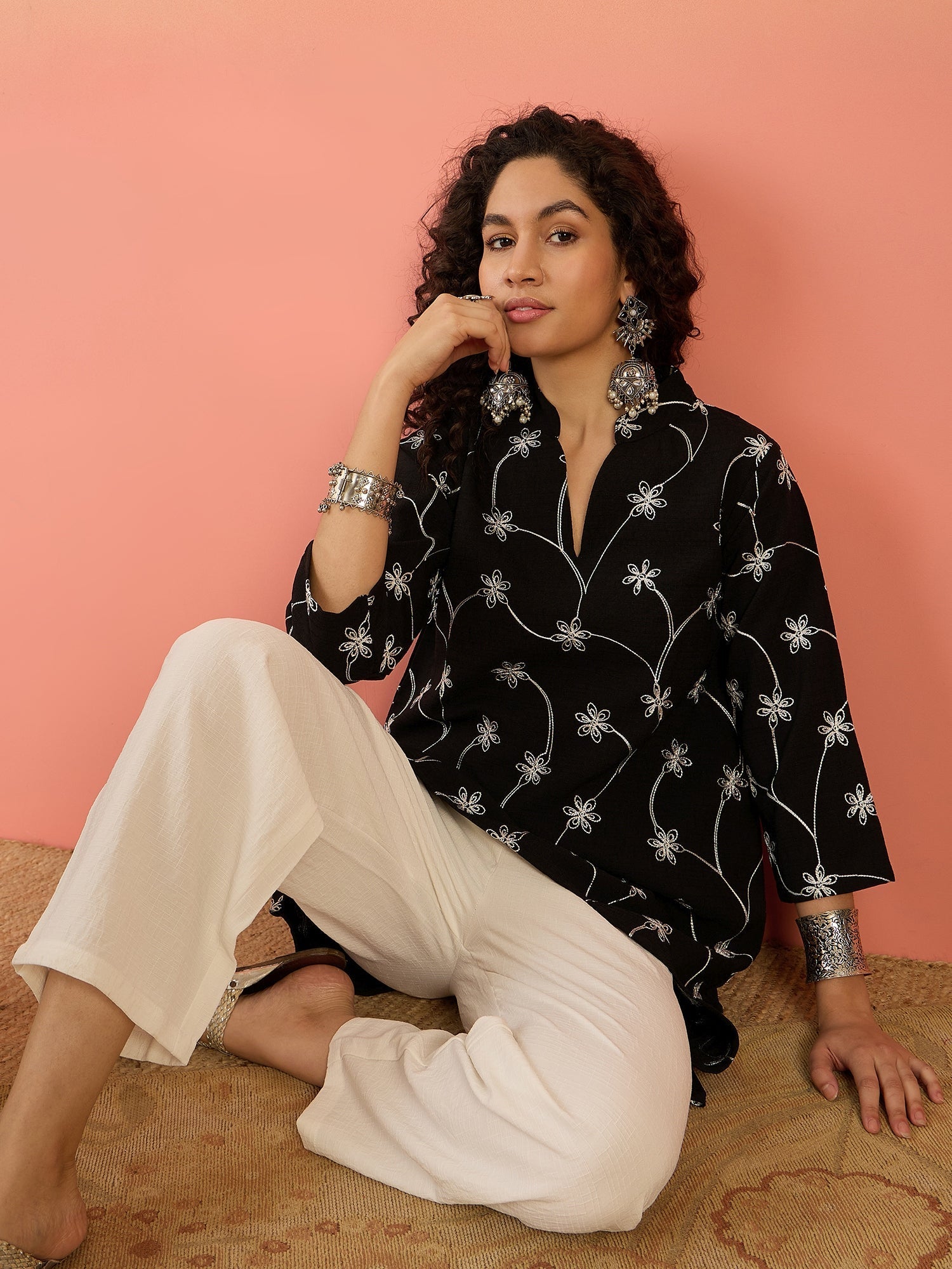 InWeave Black Embroidery Mandarin White Set - Swadesiicart