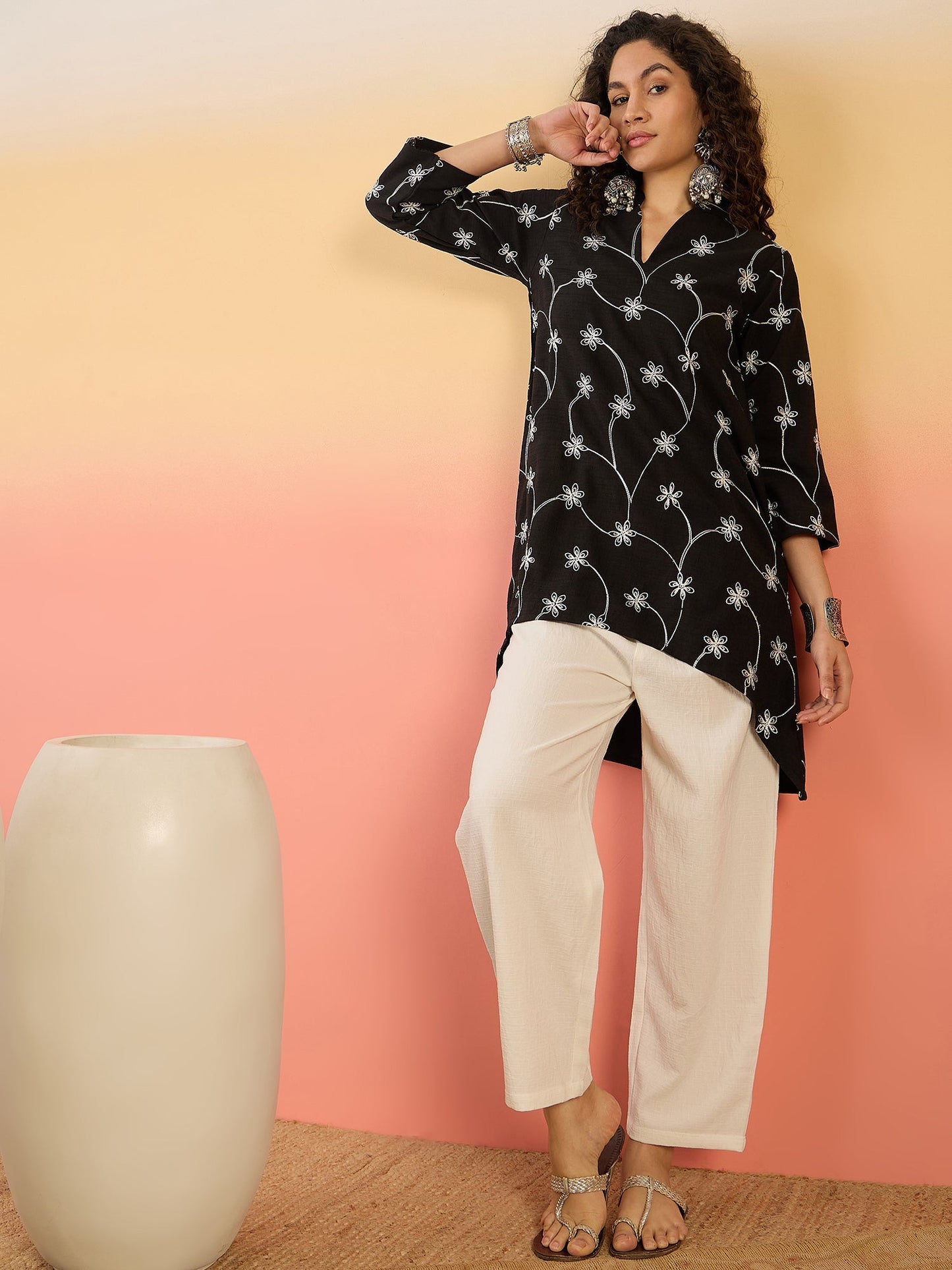 InWeave Black Embroidery Mandarin White Set - Swadesiicart