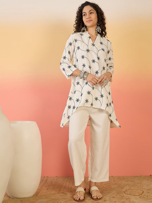 InWeave White Embroidery Mandarin White Set - Swadesiicart