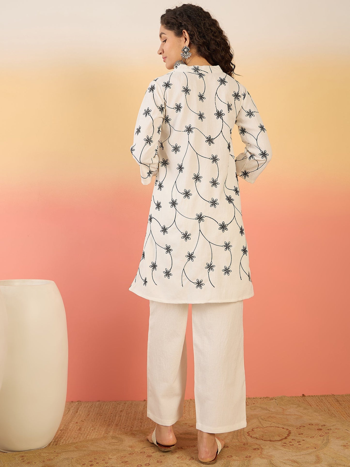 InWeave White Embroidery Mandarin White Set - Swadesiicart