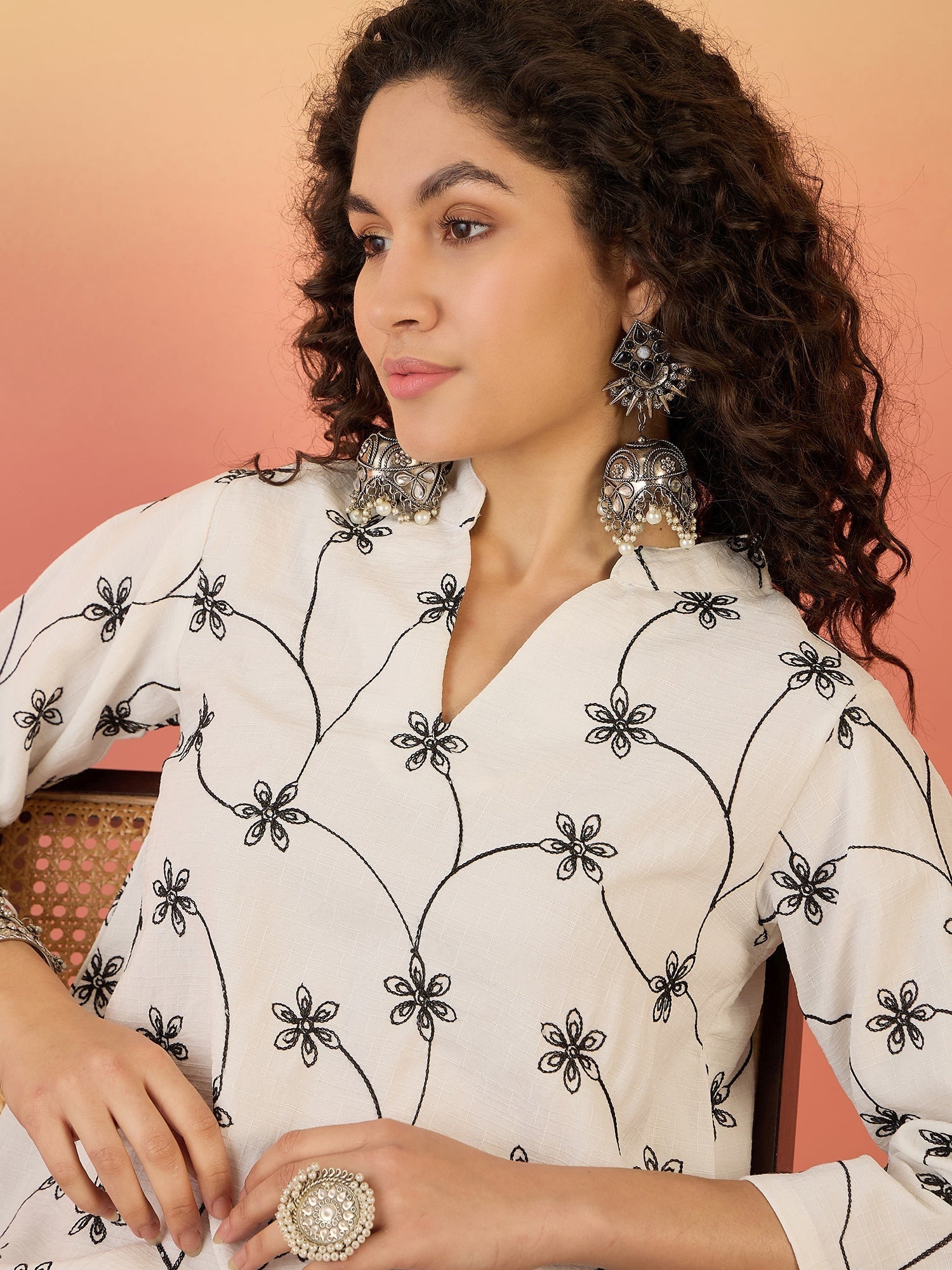 InWeave White Embroidery Mandarin White Set - Swadesiicart