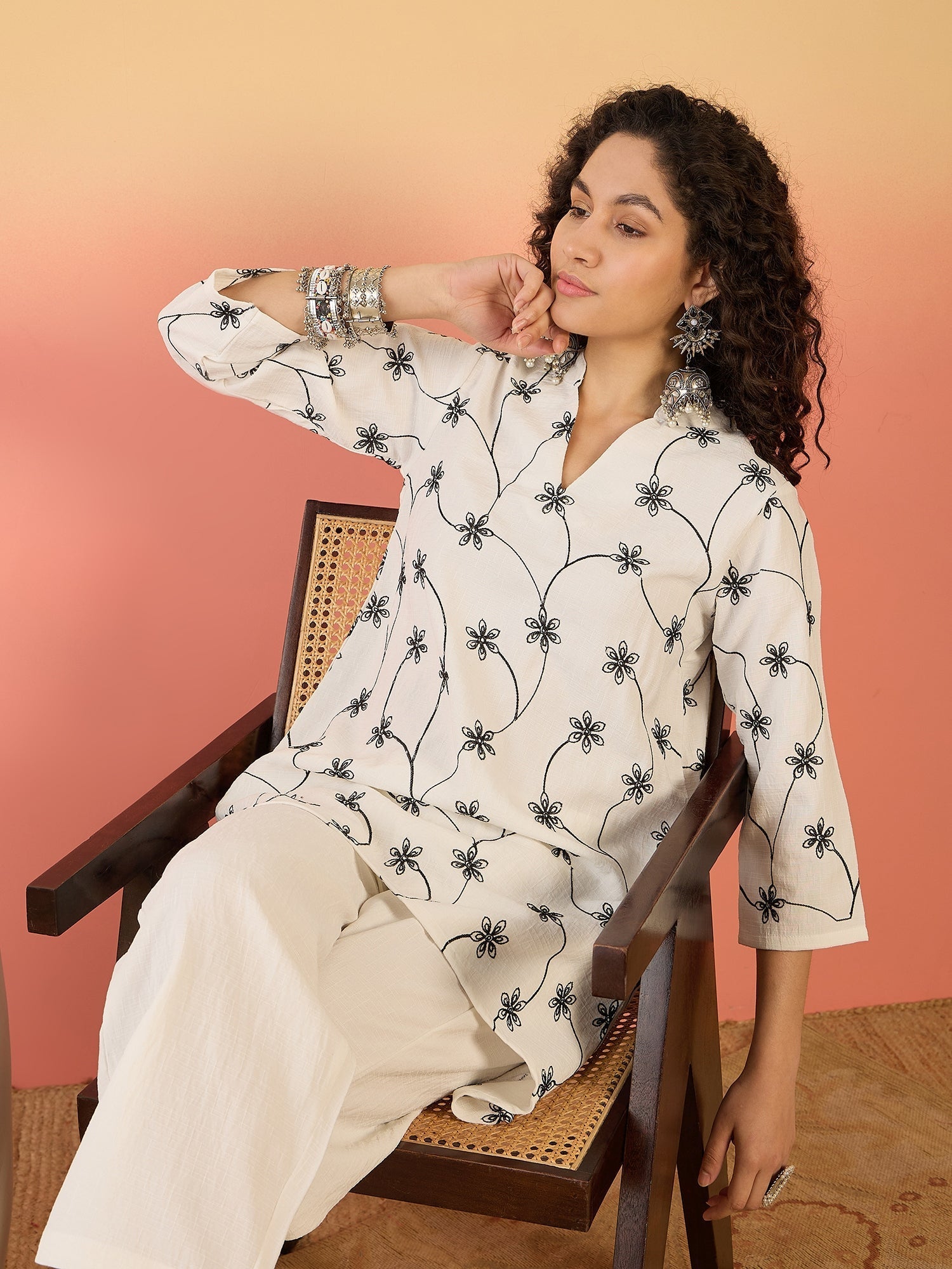 InWeave White Embroidery Mandarin White Set - Swadesiicart