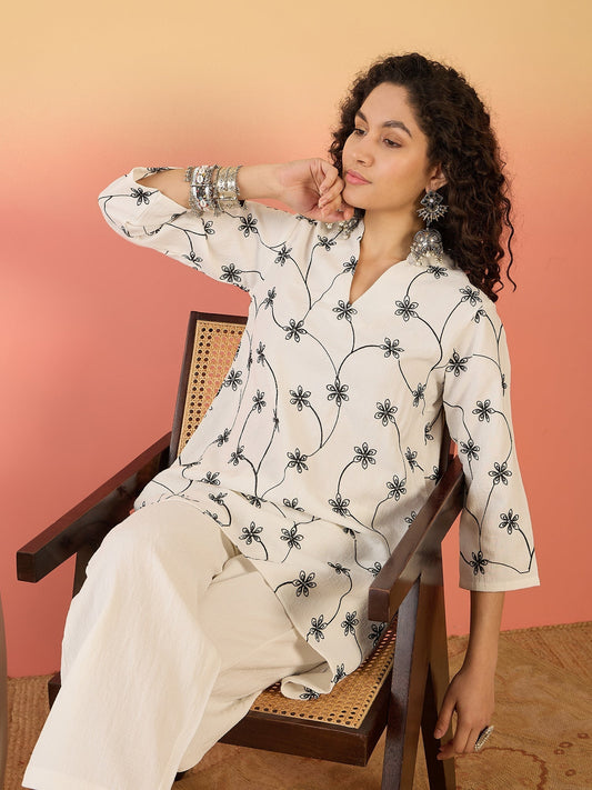 InWeave White Embroidery Mandarin White Set - Swadesiicart