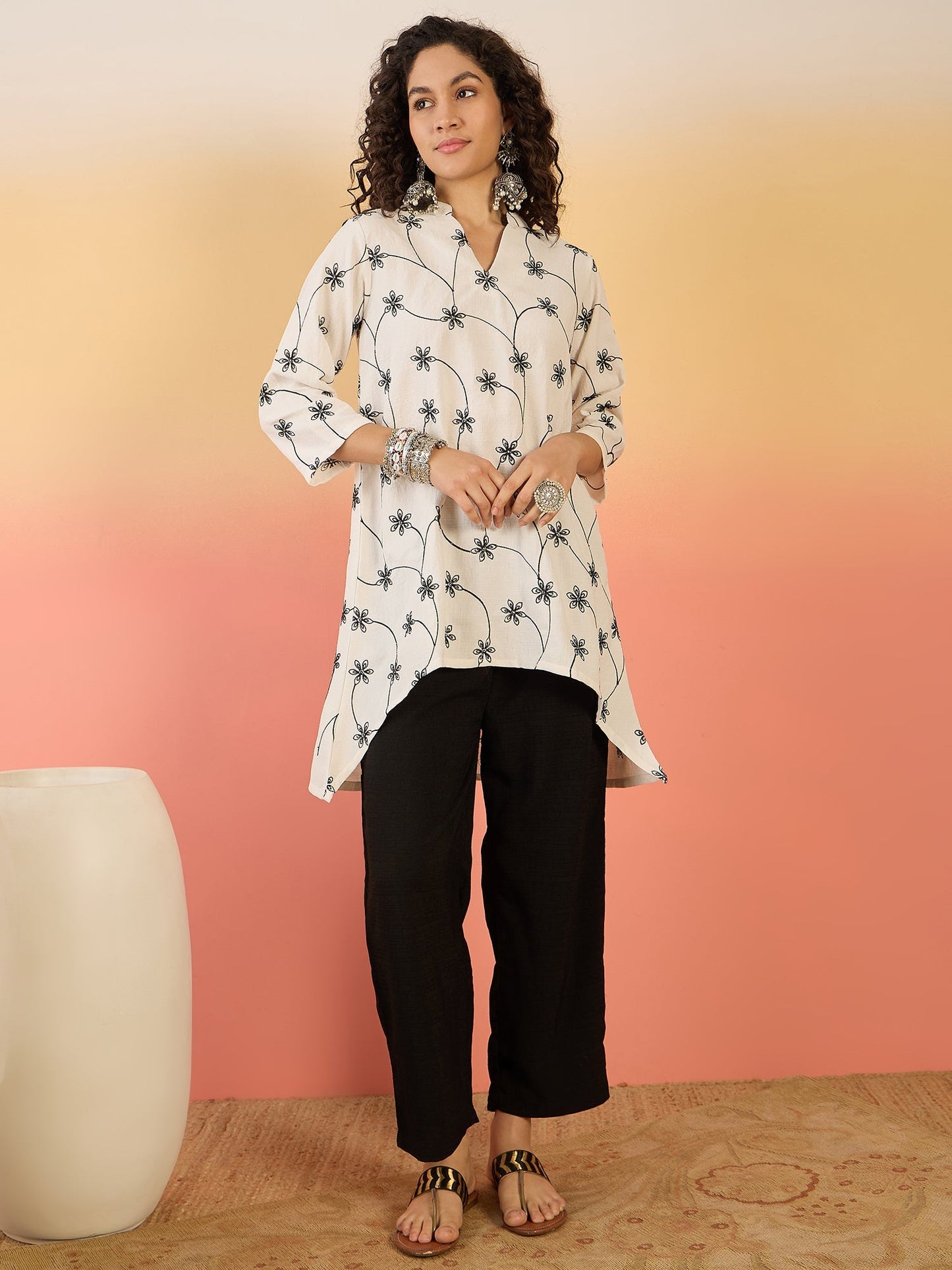 InWeave White Embroidery Mandarin Black Set - Swadesiicart