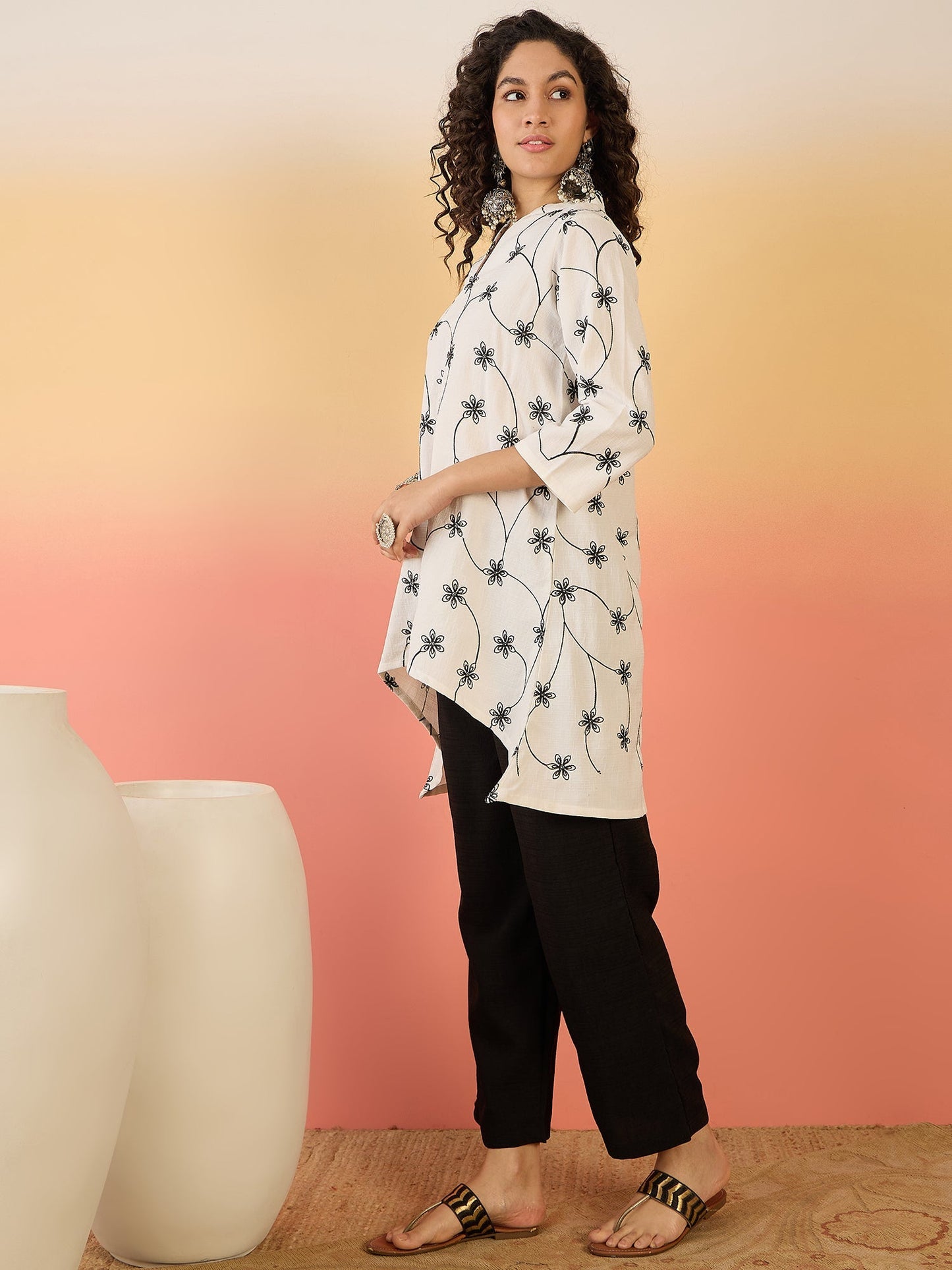InWeave White Embroidery Mandarin Black Set - Swadesiicart