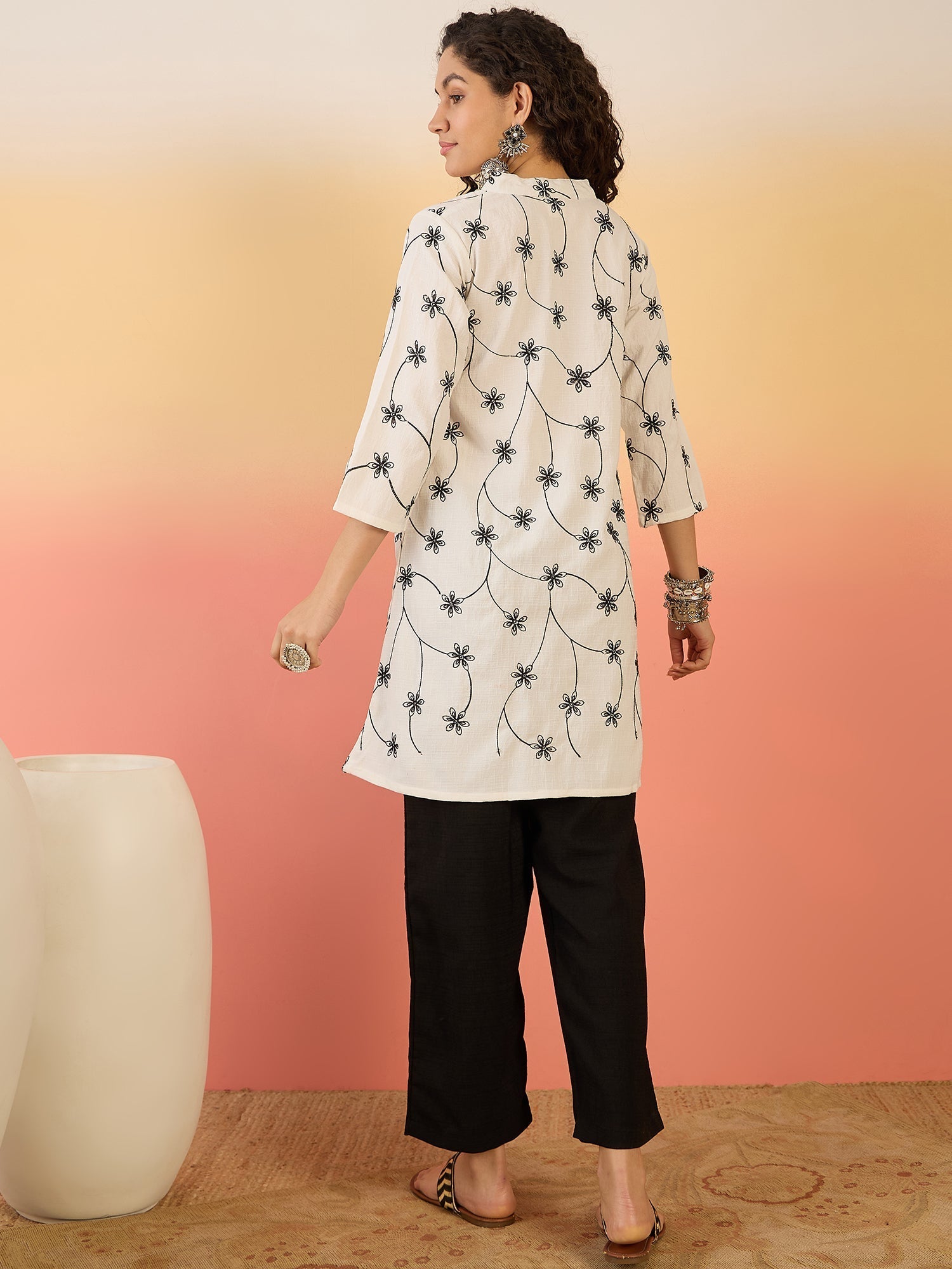 InWeave White Embroidery Mandarin Black Set - Swadesiicart