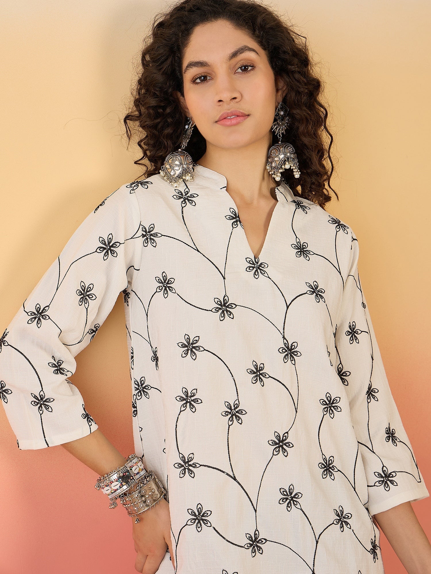 InWeave White Embroidery Mandarin Black Set - Swadesiicart