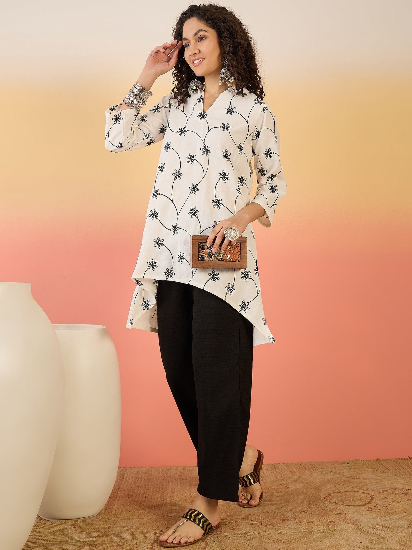 InWeave White Embroidery Mandarin Black Set - Swadesiicart