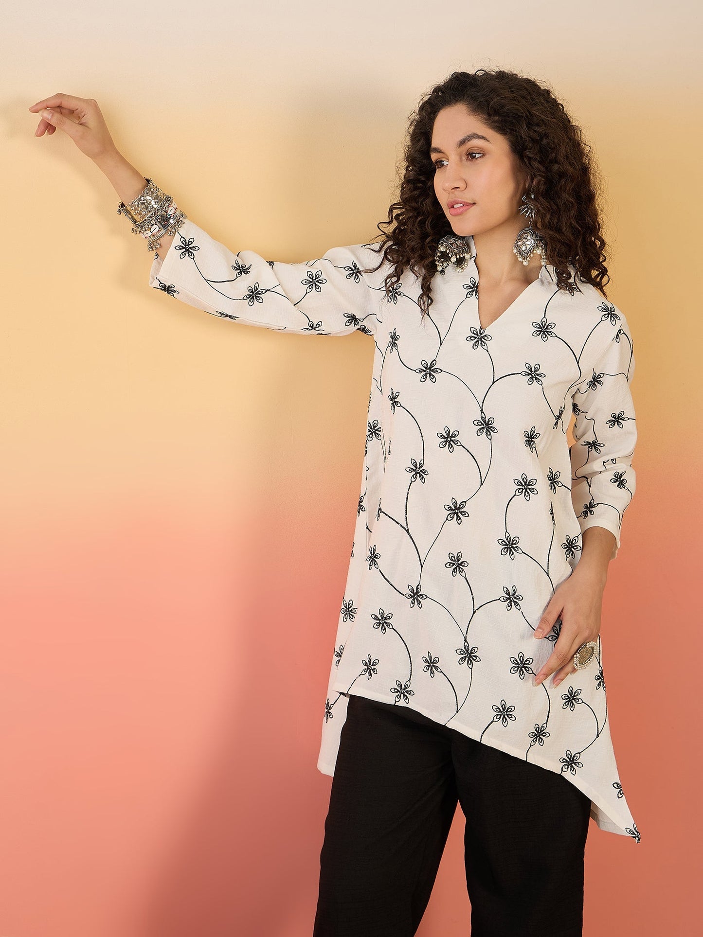InWeave White Embroidery Mandarin Black Set - Swadesiicart