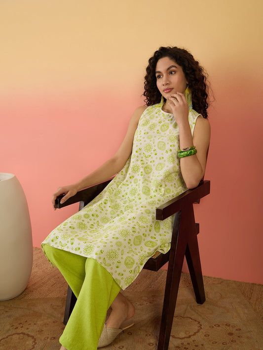 InWeave Green White Rubber R Neck Kurta Set - Swadesiicart
