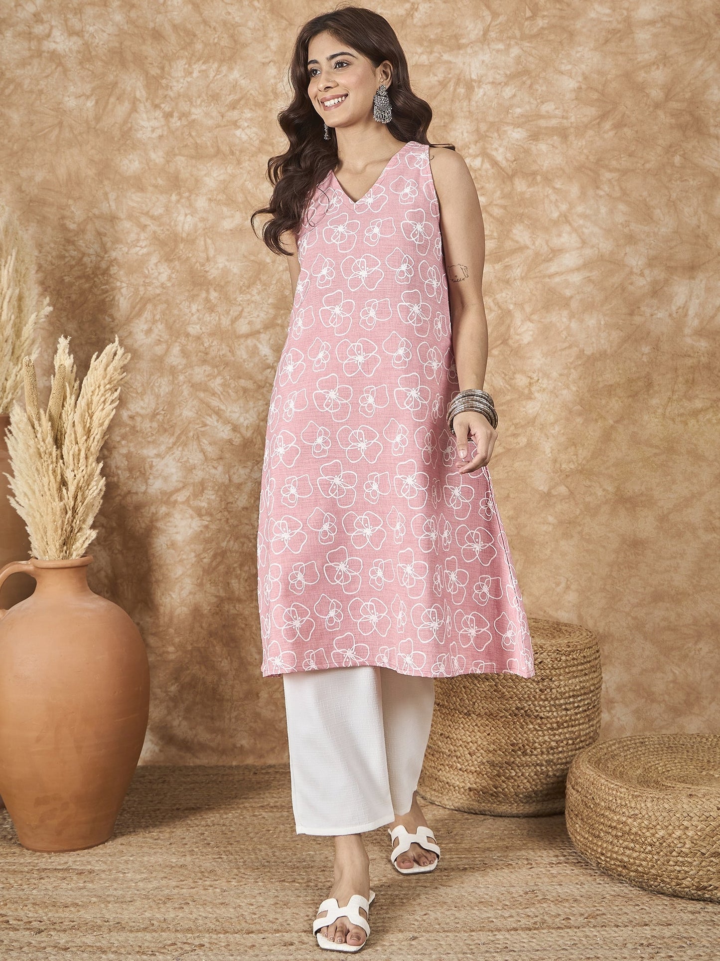 InWeave Pastel Peach V Neck Aline Kurta Set - Swadesiicart