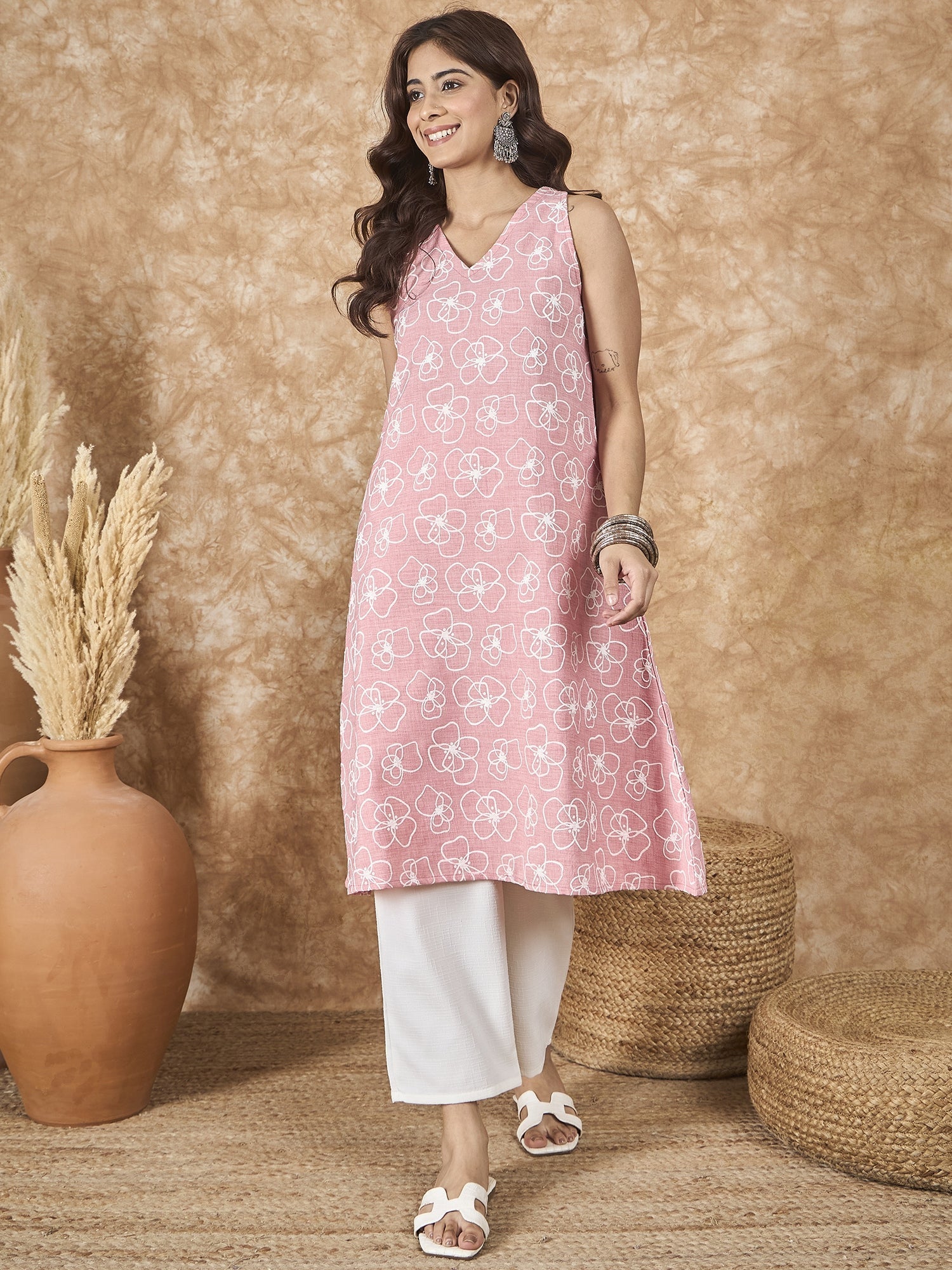 InWeave Pastel Peach V Neck Aline Kurta Set - Swadesiicart