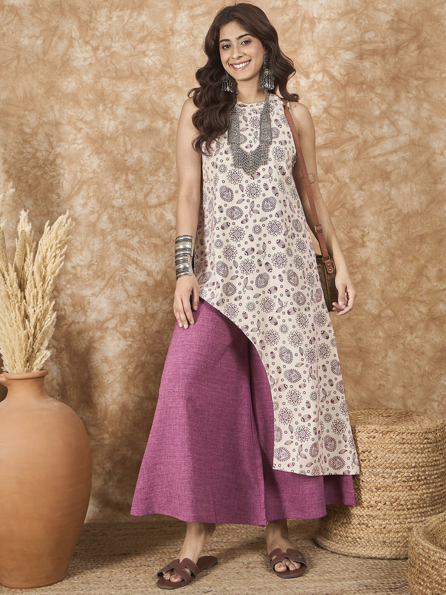 InWeave Dusty Mauve Side Asymmetric Kurta Set - Swadesiicart