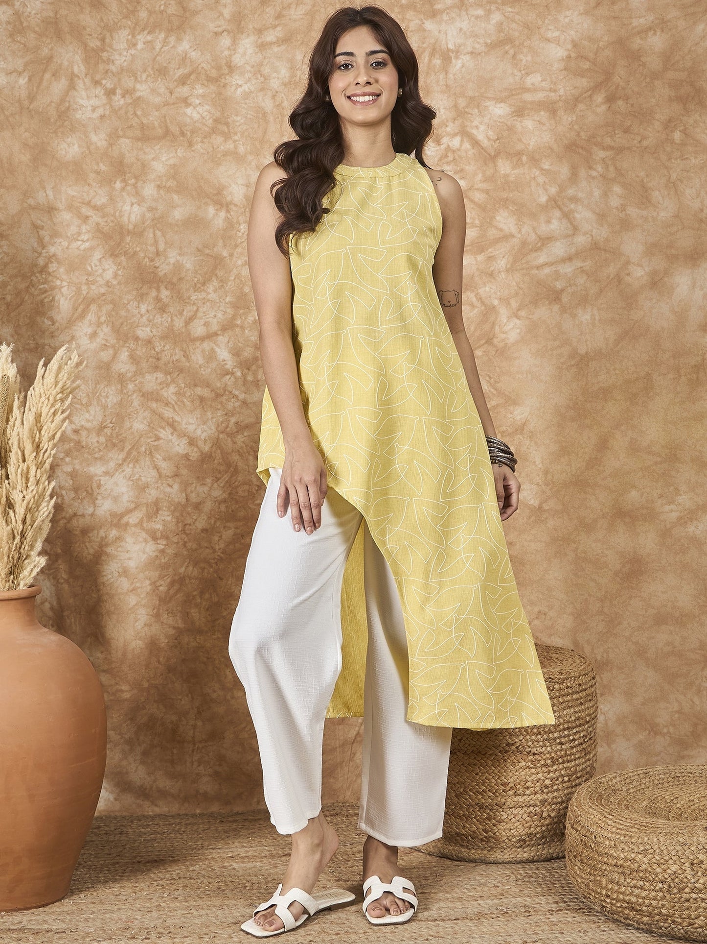 InWeave Light Yellow Side Asymmetric Kurta Set - Swadesiicart